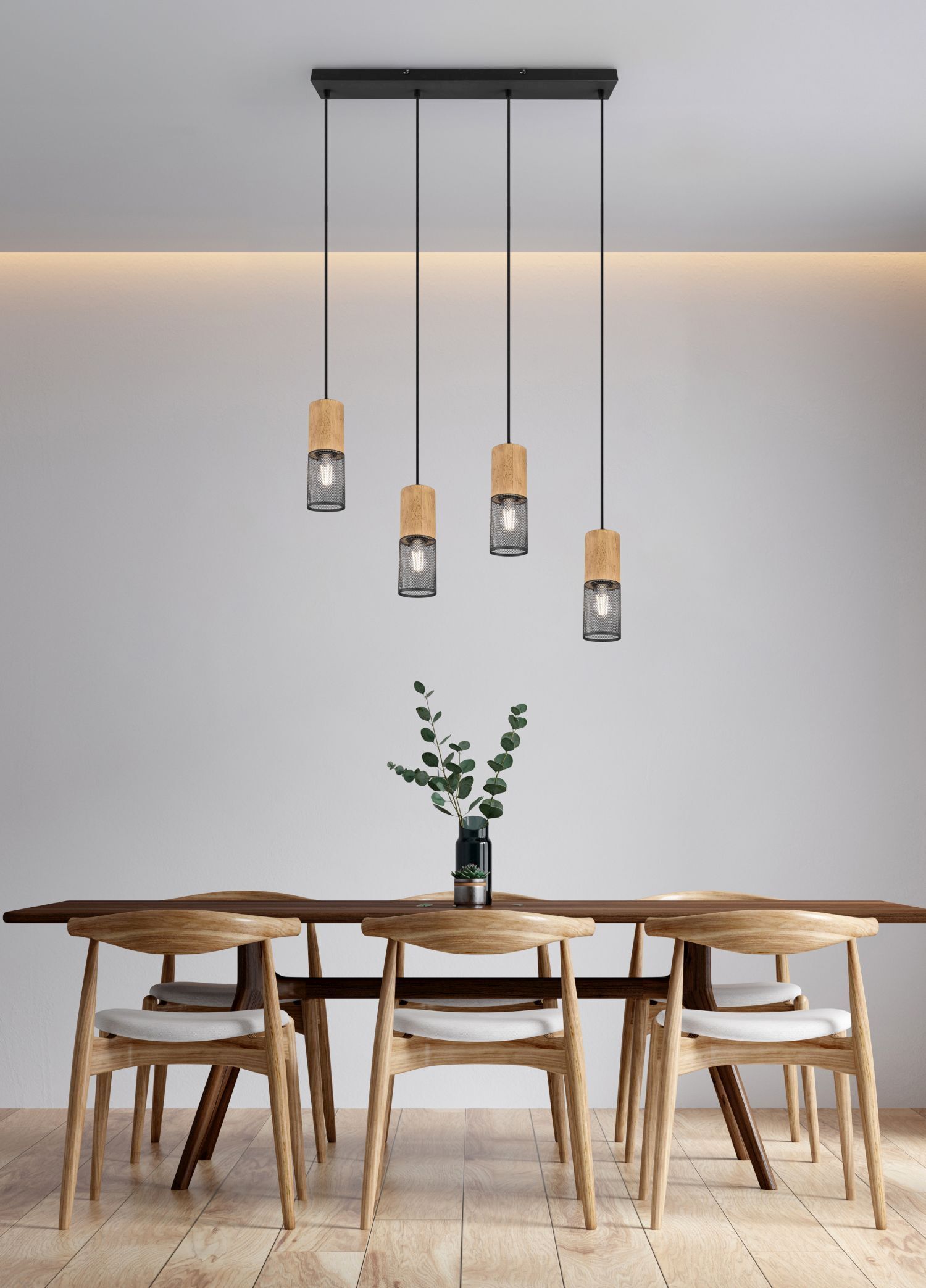 Wohnliche Pendelleuchte Holz Metall E27 65 cm 4-flammig Esstisch, Tisch, Esszimmer, Innenarchitektur, Lampe