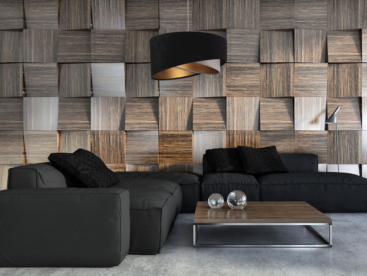 Suspension Noir Gris Or E27 ronde Ø 50 cm Tissu Drinnen, Innenarchitektur, Paneele aus Holz