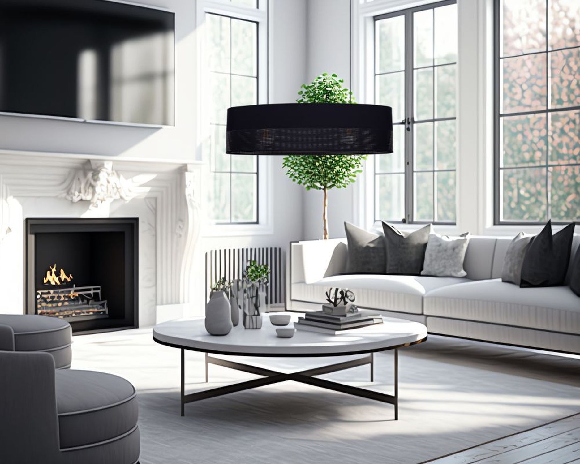 wohnzimmer, lampenschirm, sessel, tisch, vase