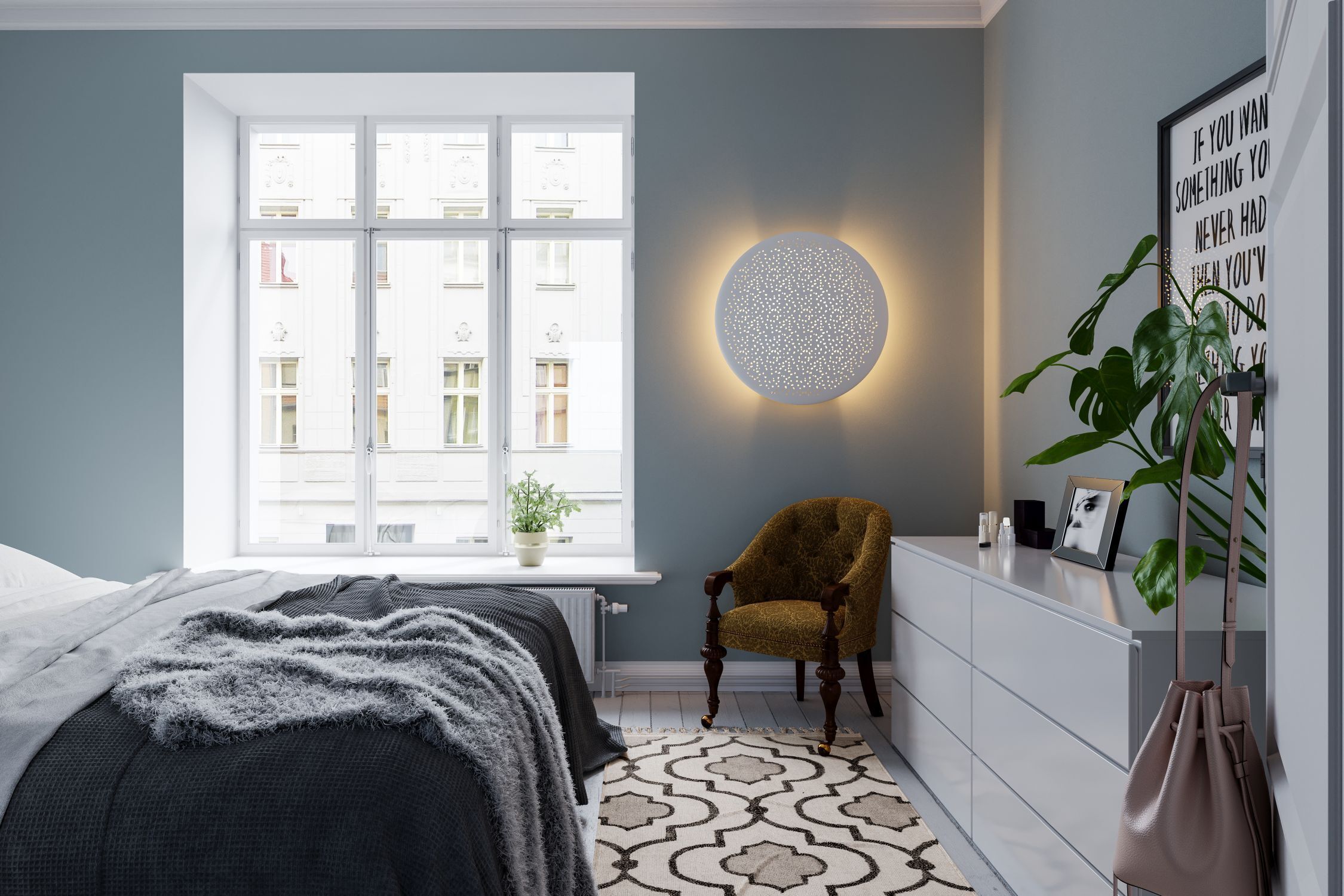 kinderzimmer, schlafzimmer, bett, nachttisch, lichtdekor