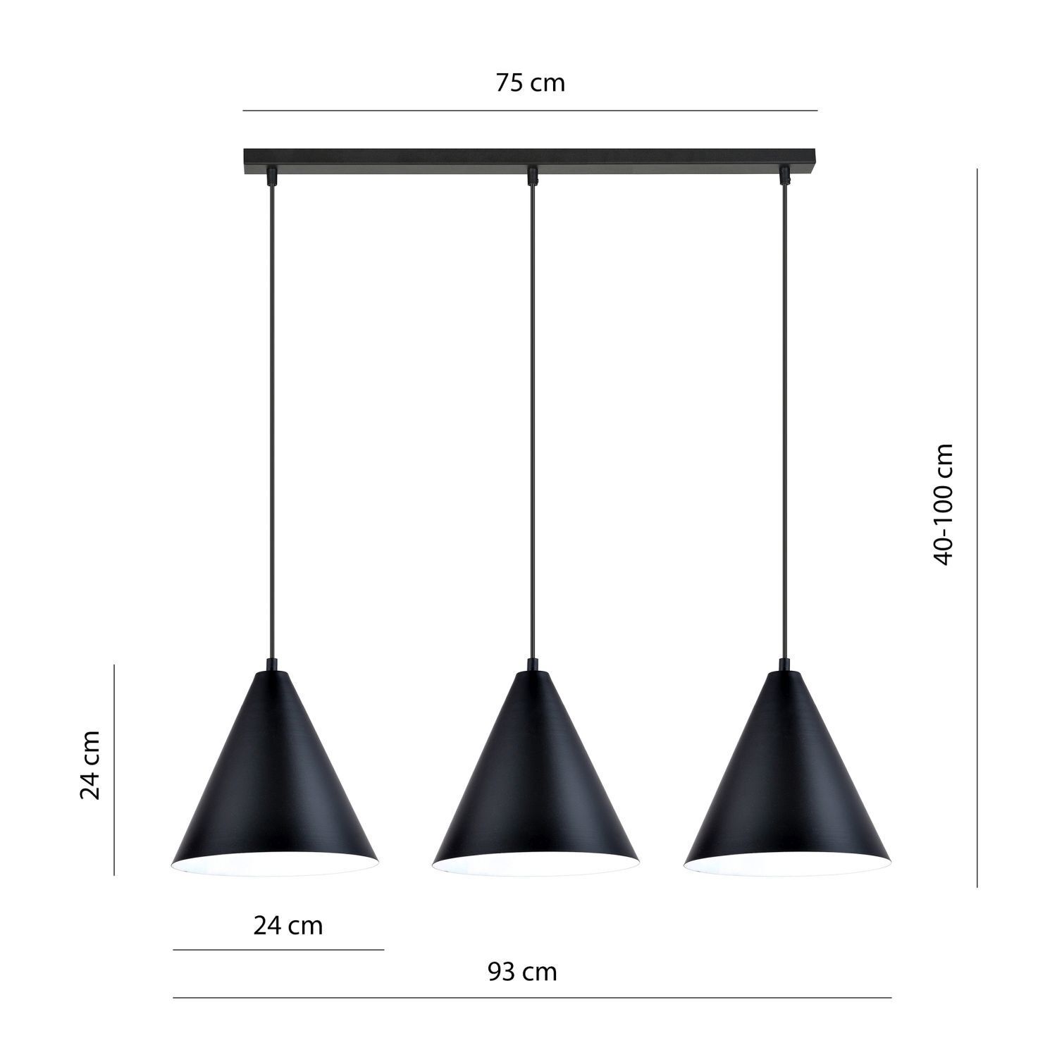 Lampe à suspendre métal L : 92 cm noir blanc E27 3 flammes