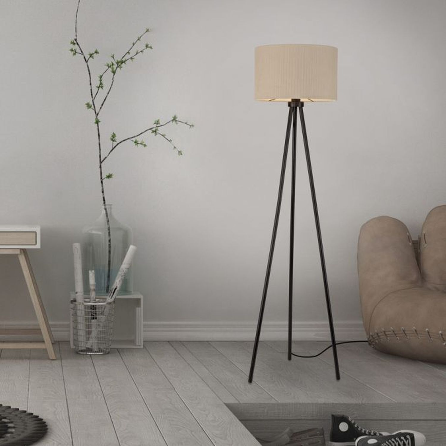 Dreibein Stehleuchte Stoff Beige blendarm E27 160 cm Lampe, Stehlampe