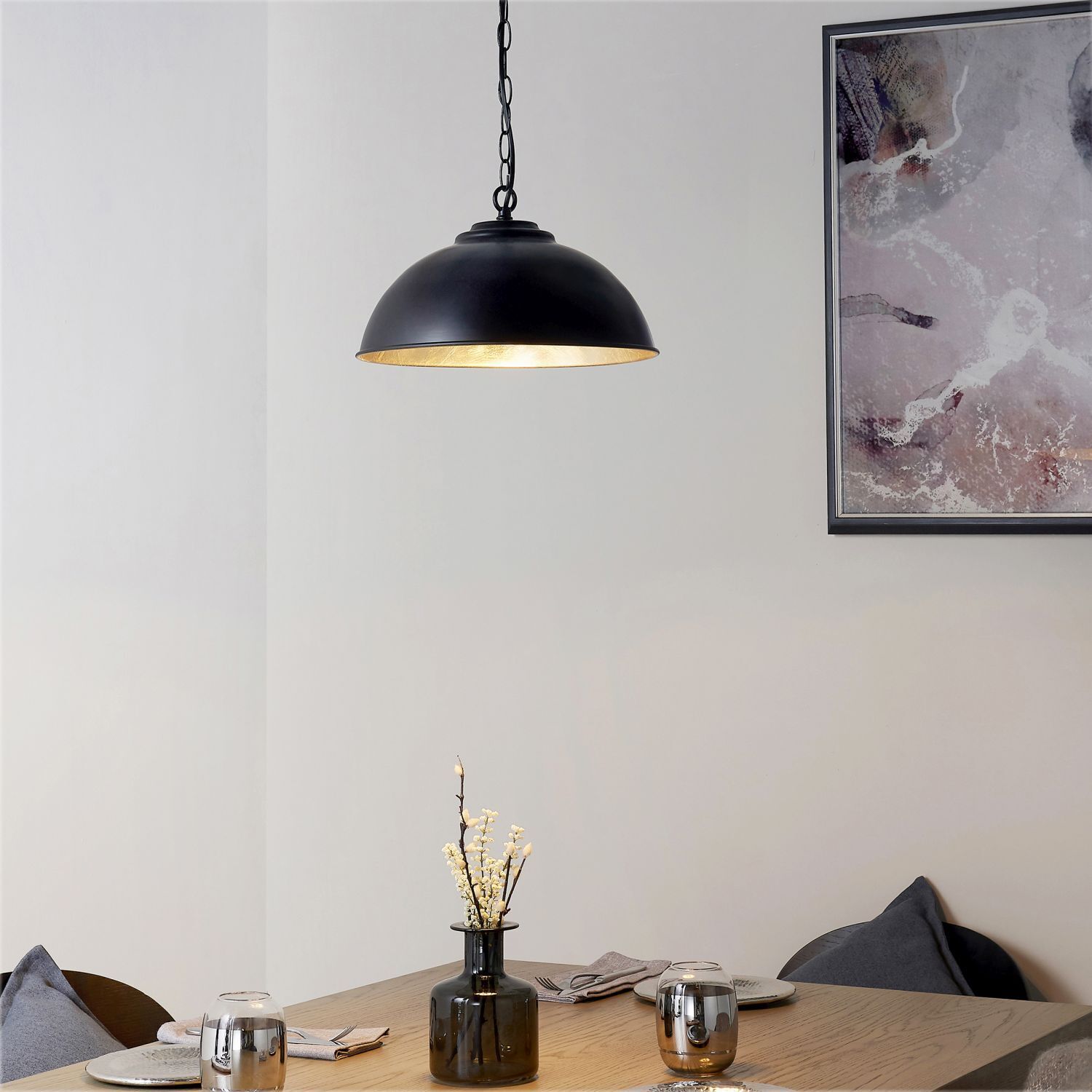 Lampe à suspendre métal D : 34,5 cm en noir or design rétro E27