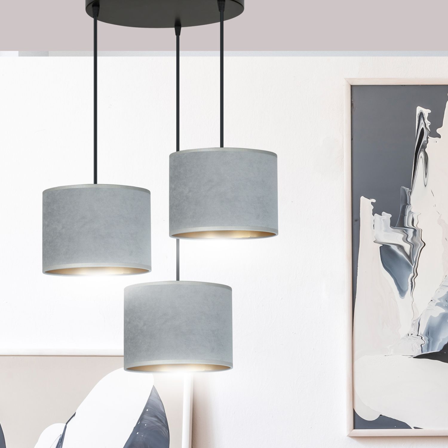 Lampe à suspendre 3 flammes E27 tissu métal noir gris or