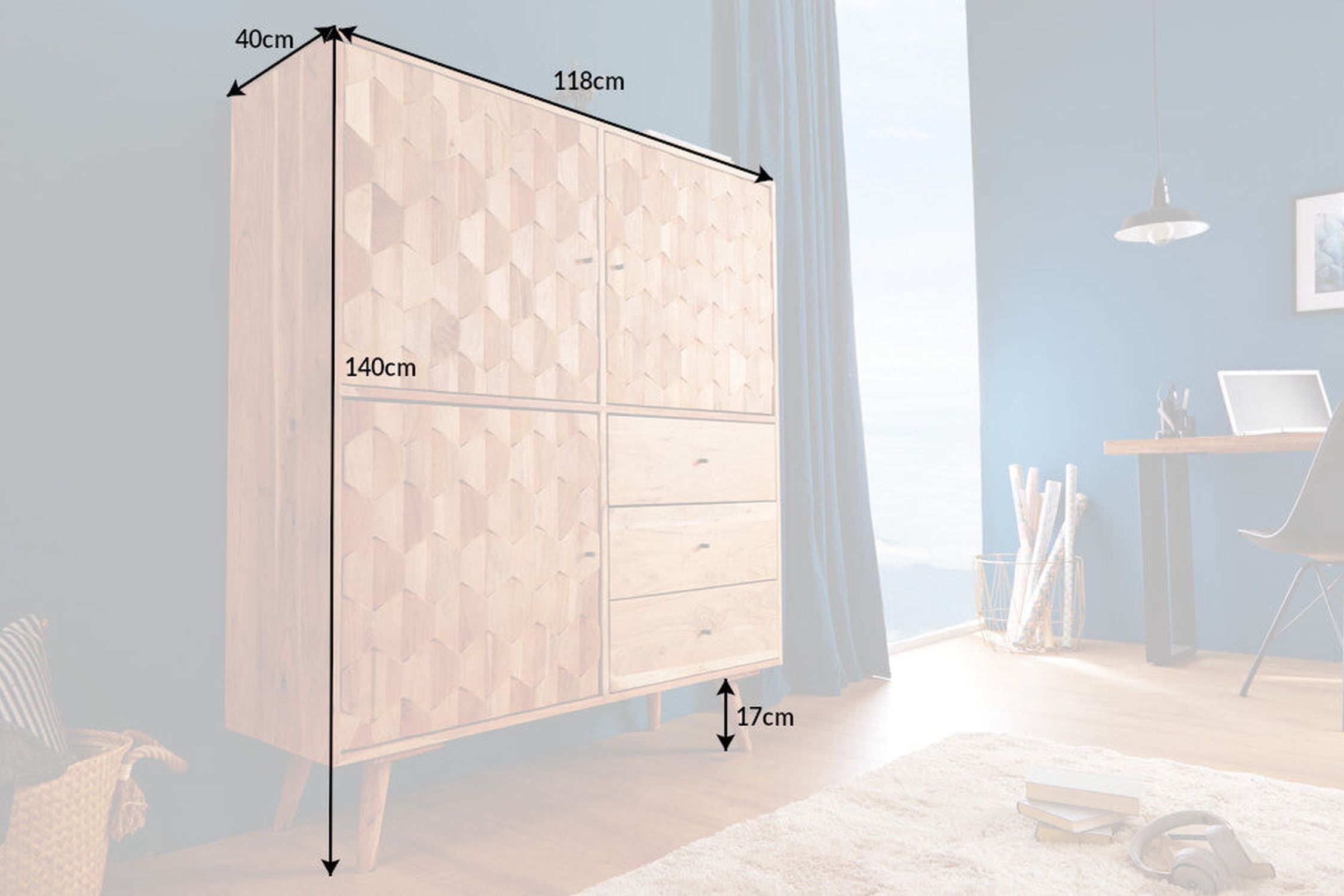 Highboard bois acacia 118 x 140 cm façade 3D tiroirs portes Moebel, Kabinett, Anrichte, Schublade