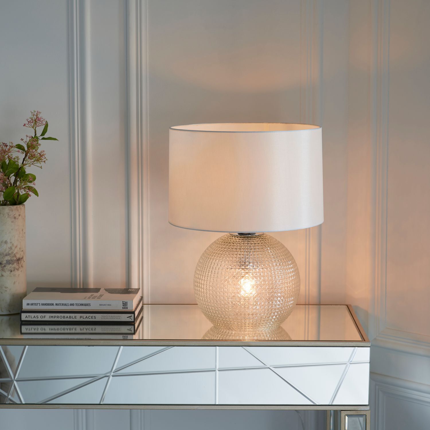 Lampe de table verre cristal tissu base éclairée blanc
