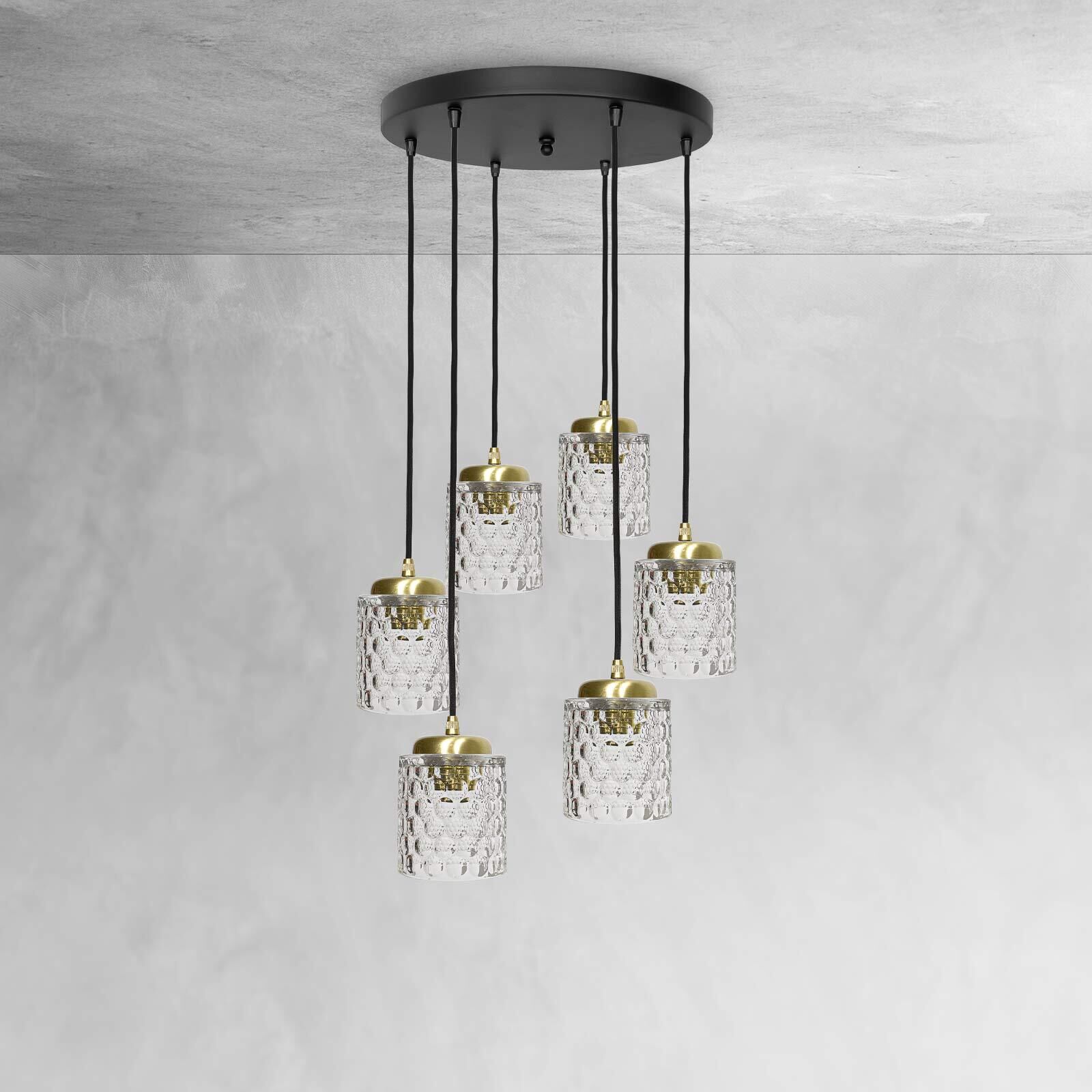 Pendelleuchte Messing Eisen Glas 6x E27 in Schwarz Klar Leuchter, Lampe