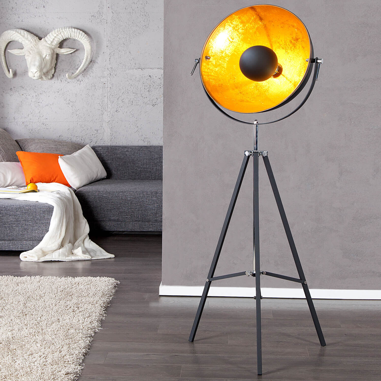 Stehleuchte 160cm Retro Dreibein Schwarz Gold Lampe, Tier, Vieh, Säugetier, Schaf