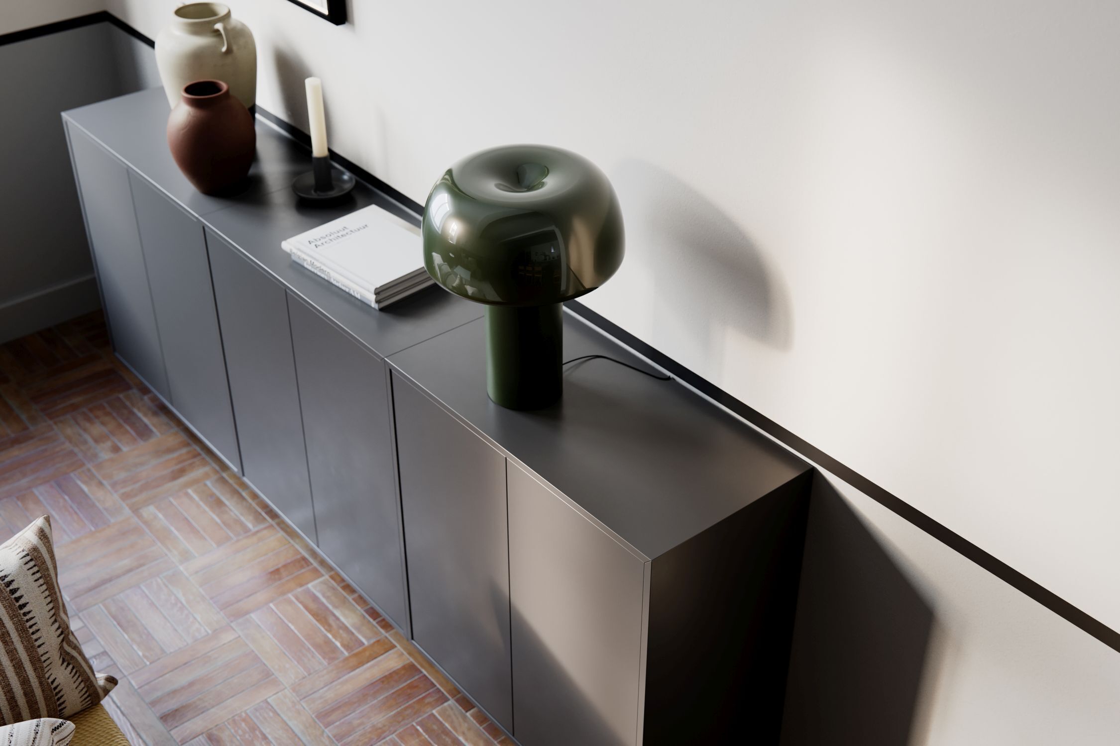 Küchenschrank, Kompaktmöbel, Schwarzgrau, Lampe, Deko-Objekt