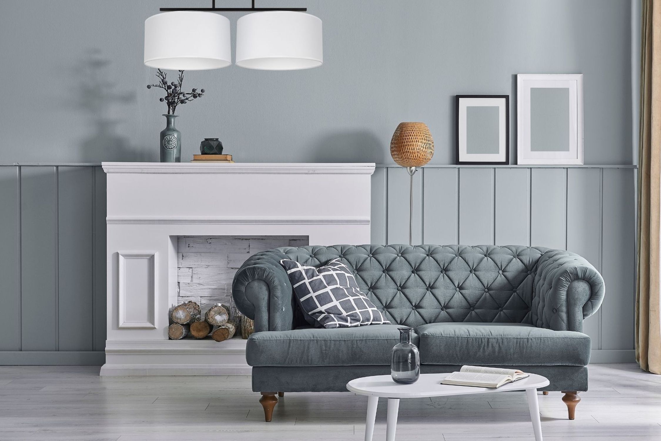 Deckenlampe Stoff blendarm Schwarz Weiß E27 L:70 cm Sofa, geknöpft, Sofakissen, Sofakissenbezug, Wohnzimmermöbel