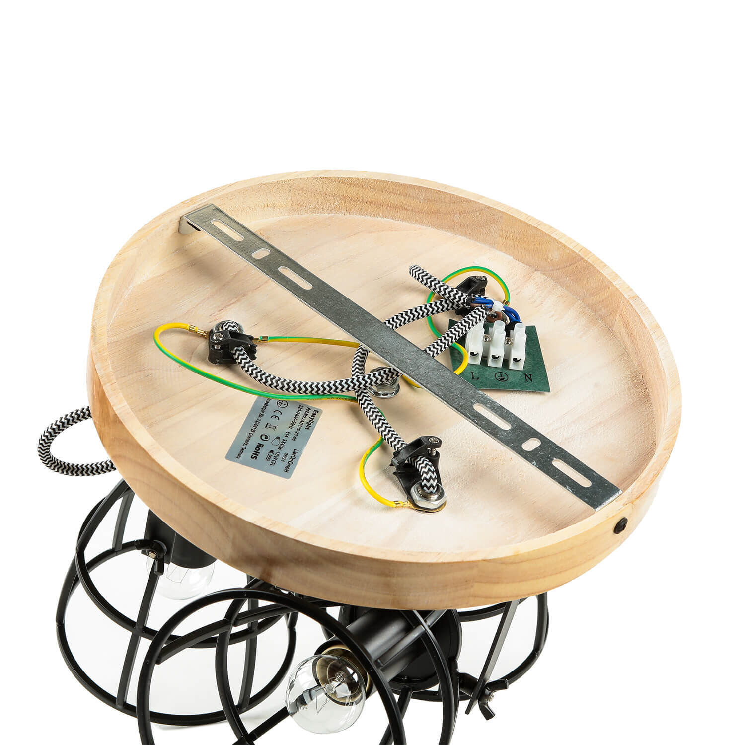 Deckenstrahler rund Ø 27 cm Holz Metall 3x E14 Verkabelung, Elektronik, Hardware