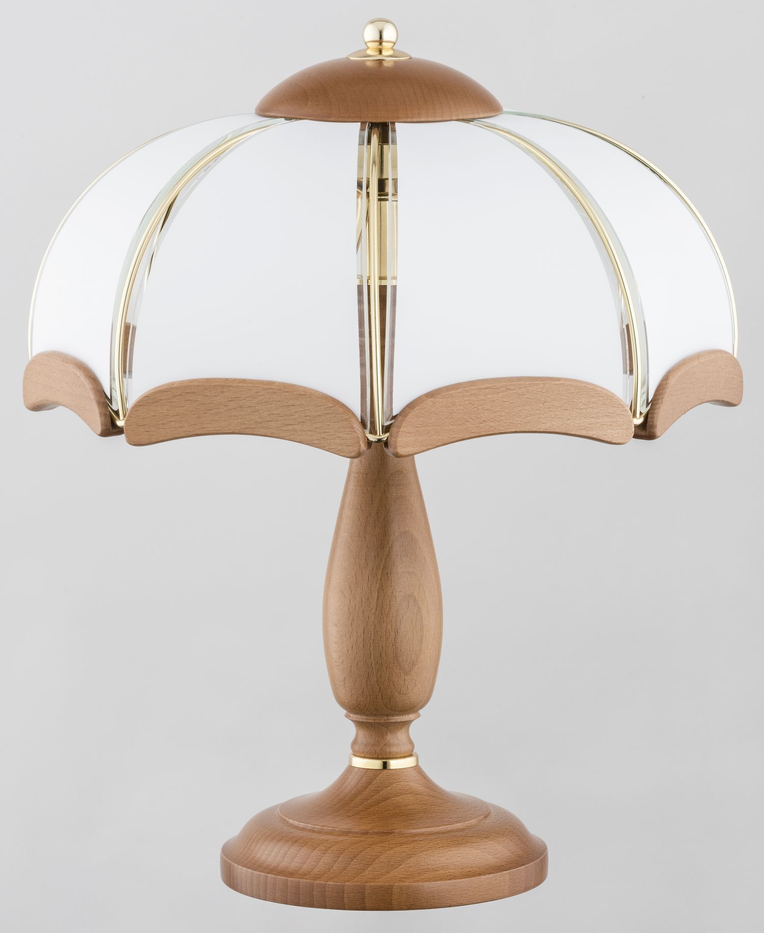 Tischlampe, Holz, Glasschirm, Brass Akzente, lampenfuß