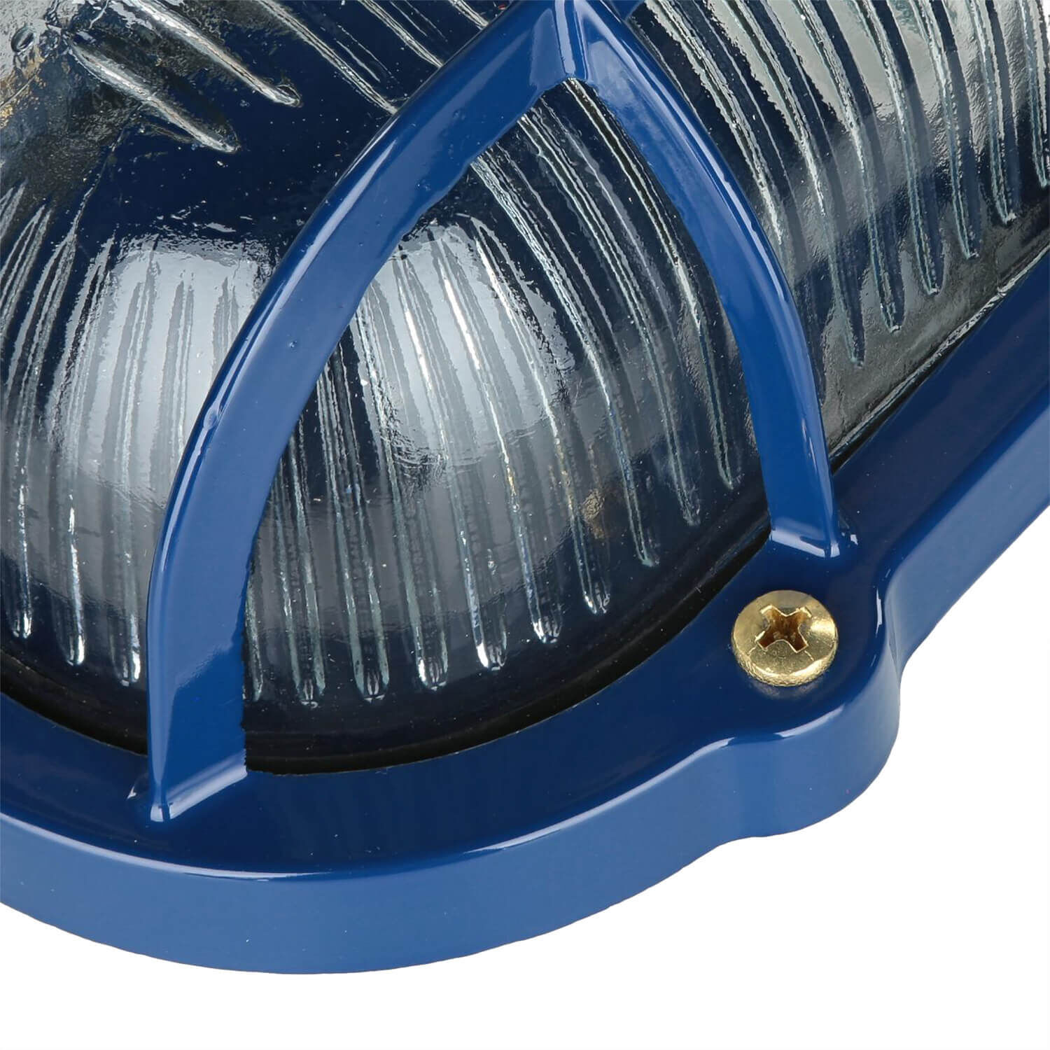 Wandlampe außen Keller Glas Echt-Messing E27 IP64 B: 21 cm Globe/roundes Licht?, Glaslinse, Blauer Rahmen, Schraube sichtbar, Außenleuchte