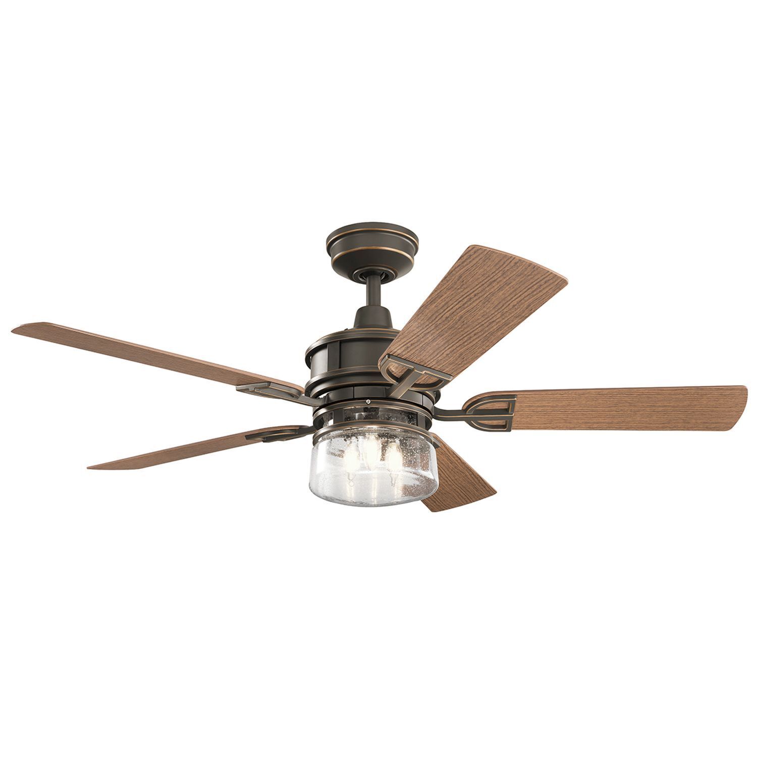 deckenventilator, holzflügel, deckenleuchte, metall, kugelglas