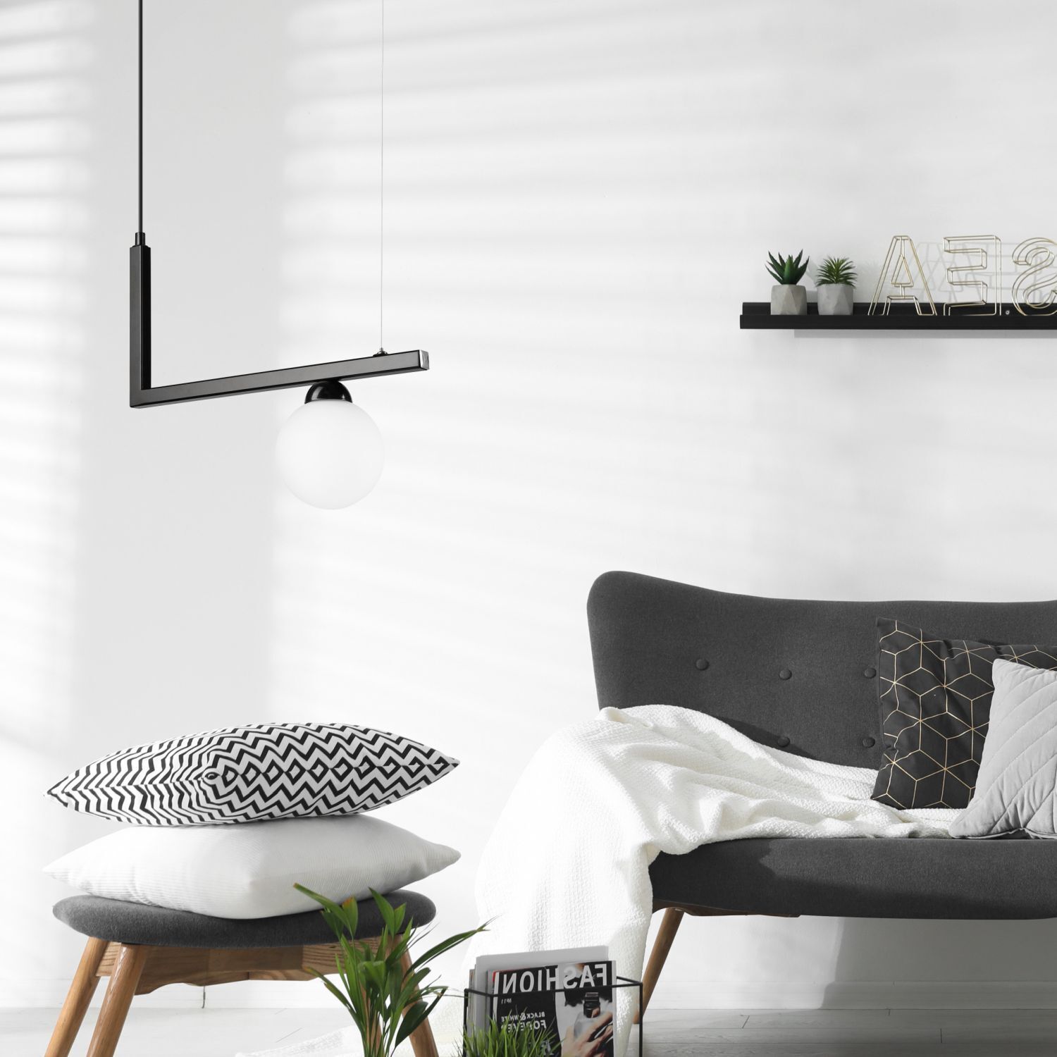 Lampe à suspendre verre métal L : 48 cm noir blanc Abat-jour sphérique