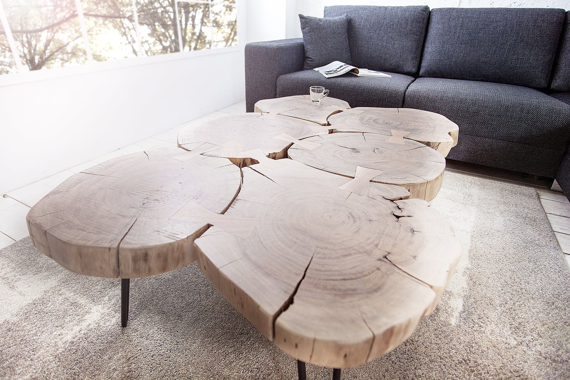 Table basse en bois d'acacia métal 110 x 70 cm Rondelles d'arbre Moebel, Tabelle, Tischplatte, Kaffeetisch, Couch