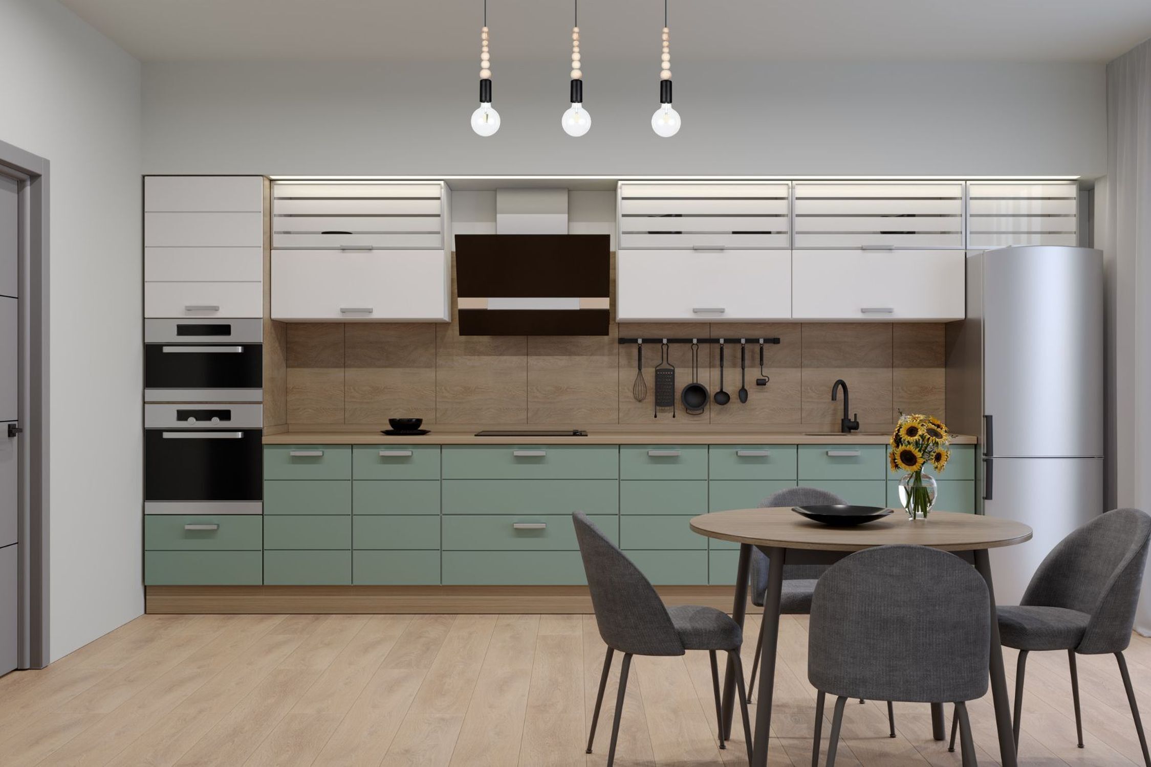 Lange Hängelampe Schwarz Holz Metall L:60 cm E27 3-flmg Drinnen, Innenarchitektur, Esszimmer, Esstisch, Küche