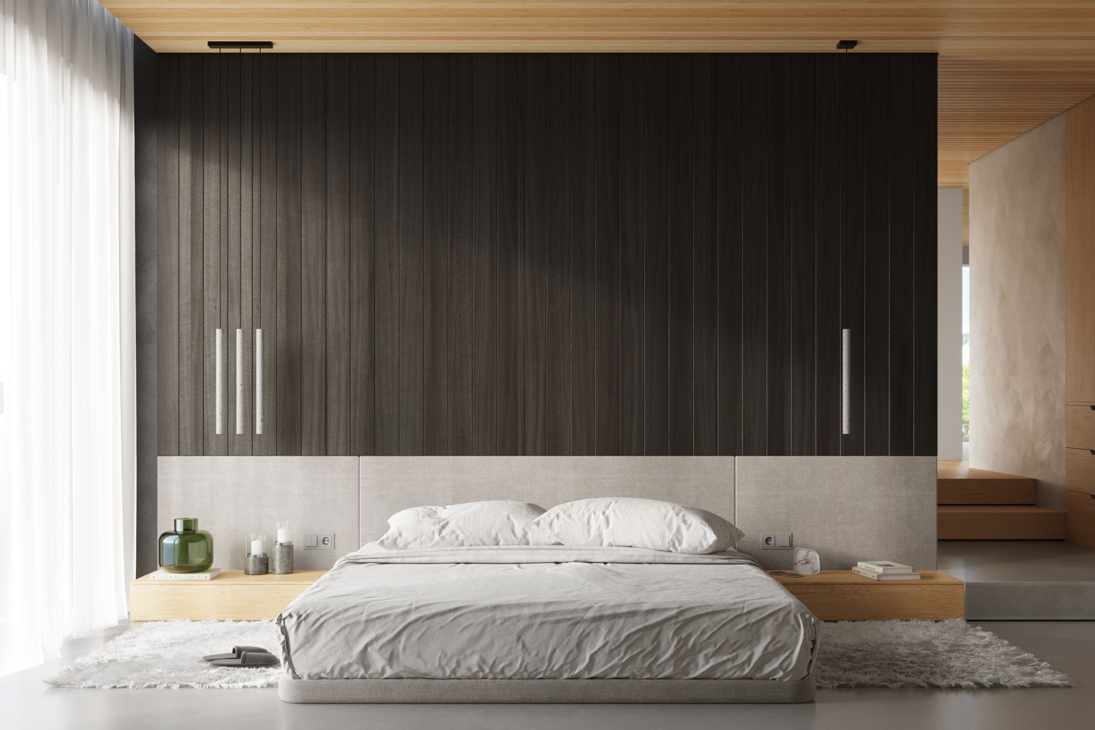 Bett, Bettrahmen, Holzvertäfelung, Nachttische, Kissen