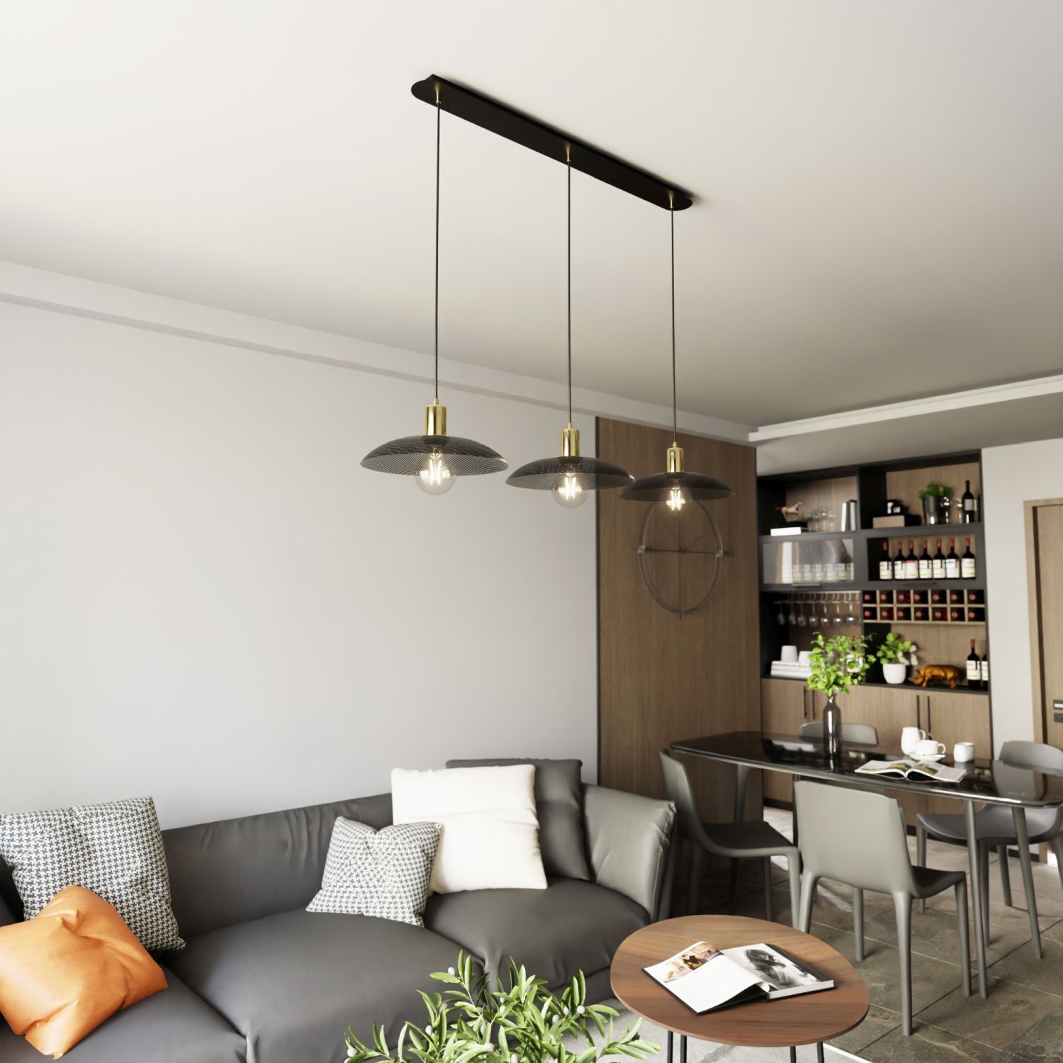 Suspension 3 flammes L : 90 cm Métal noir or E27 Wohnzimmer, Dekoration Ihres Zuhauses, Esszimmer, Esstisch, Innenarchitektur