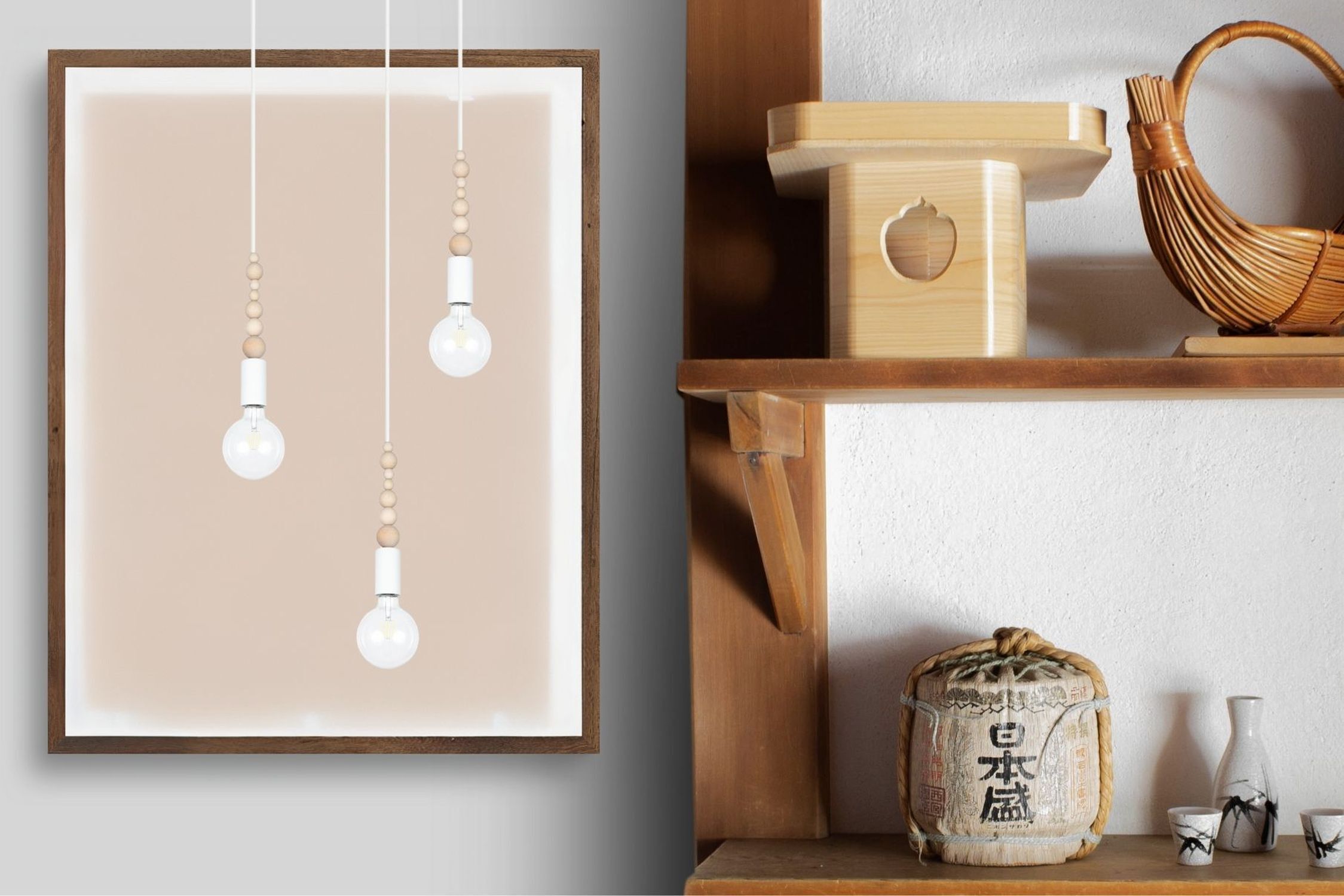 Pendelleuchte Holz Metall Weiß E27 Ø30 cm rund 3-flmg hängende lampen, pendellicht, rahmen aus holz, dekorregal, keramische glühbirne
