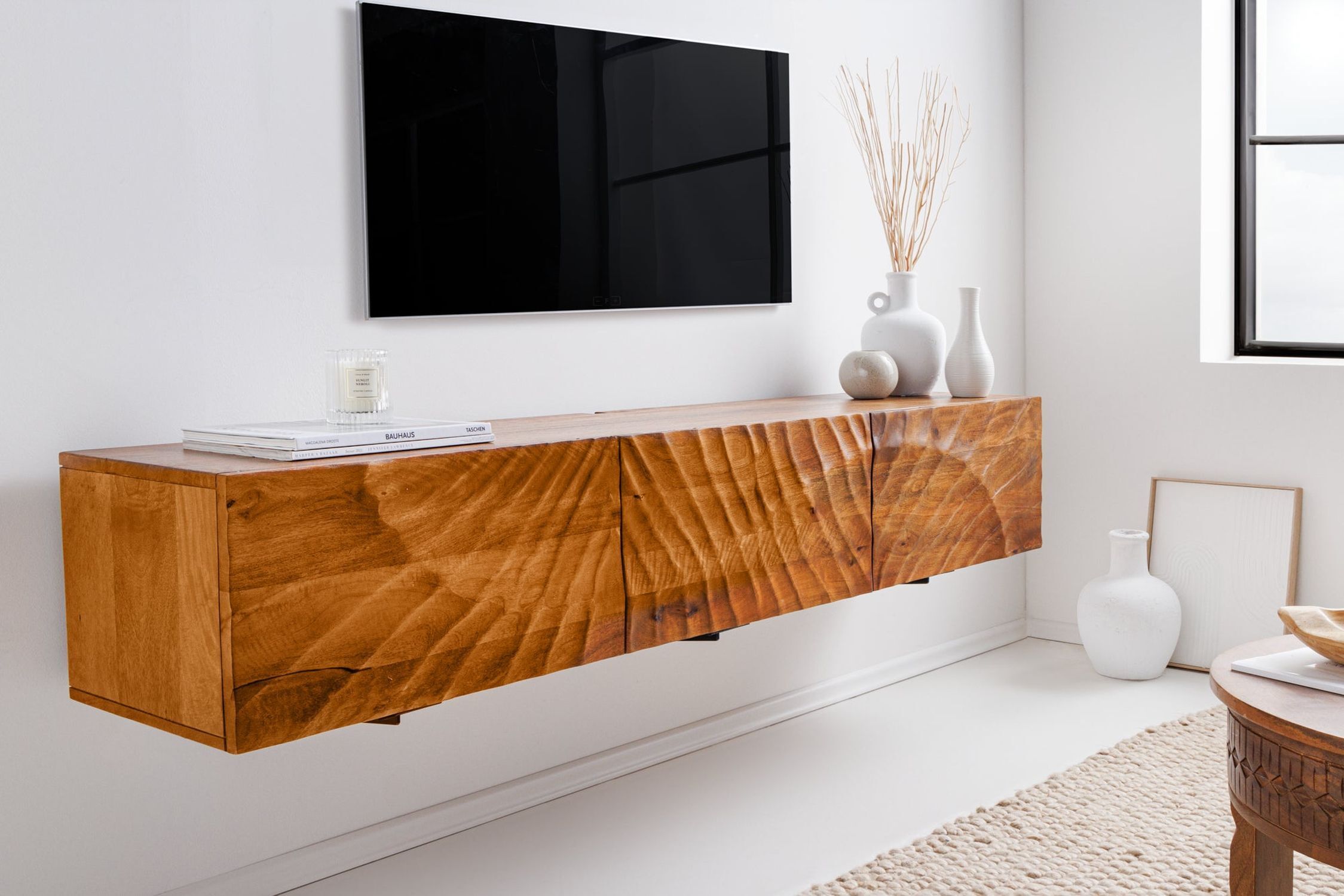 TV Hängeboard Mangoholz 160 cm Handarbeit modernes Design Anrichte, Innenarchitektur, Hartholz, Holz, Gebeiztes Holz
