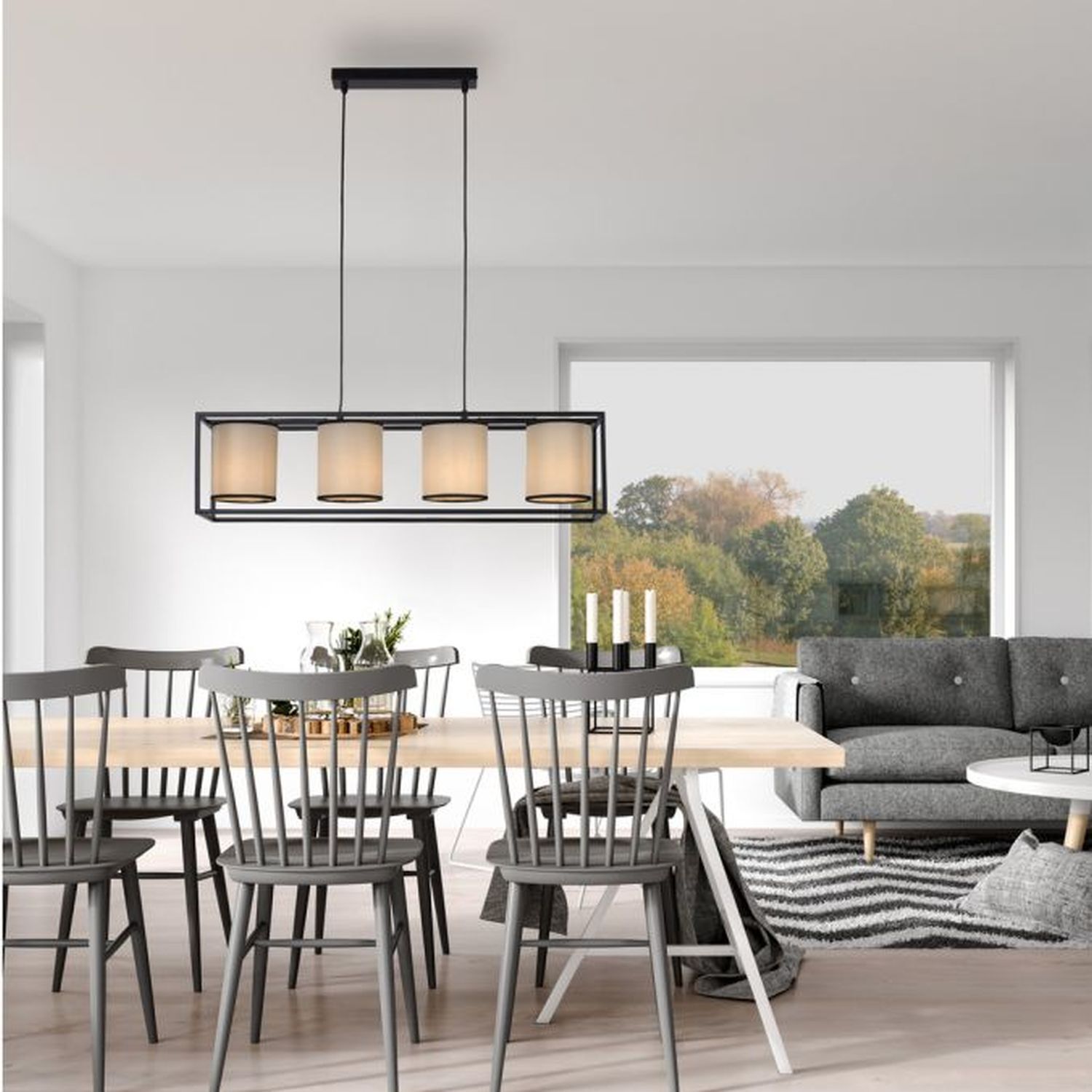 Pendelleuchte Stoff Metall Beige Schwarz E27 80 cm lang Speisesaal, Esstisch, Tisch, Innenarchitektur, Inneneinrichtung