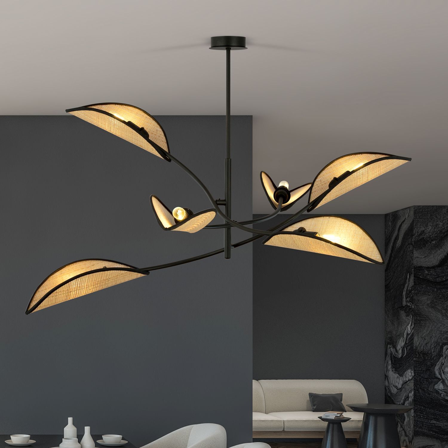 Deckenlampe Metall Rattan 102 cm lang drehbar E14 6-flammig