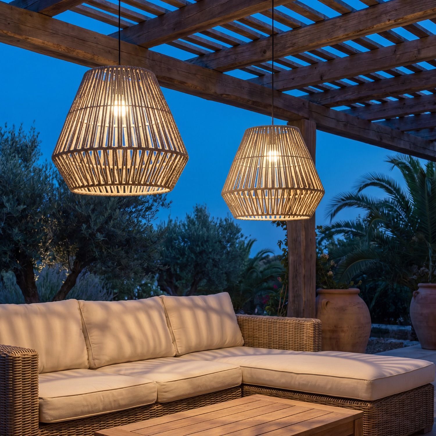 haengeleuchte-aussen-outdoor-pendelleuchte-kahla-1x-led-mit-9w-leuchtmittel-inklusive-taupe-recycelter-kunststoff-pvc-le110924-01 hängelampe, draußen, rattan, schirmpendelleuchte, lounge-setup
