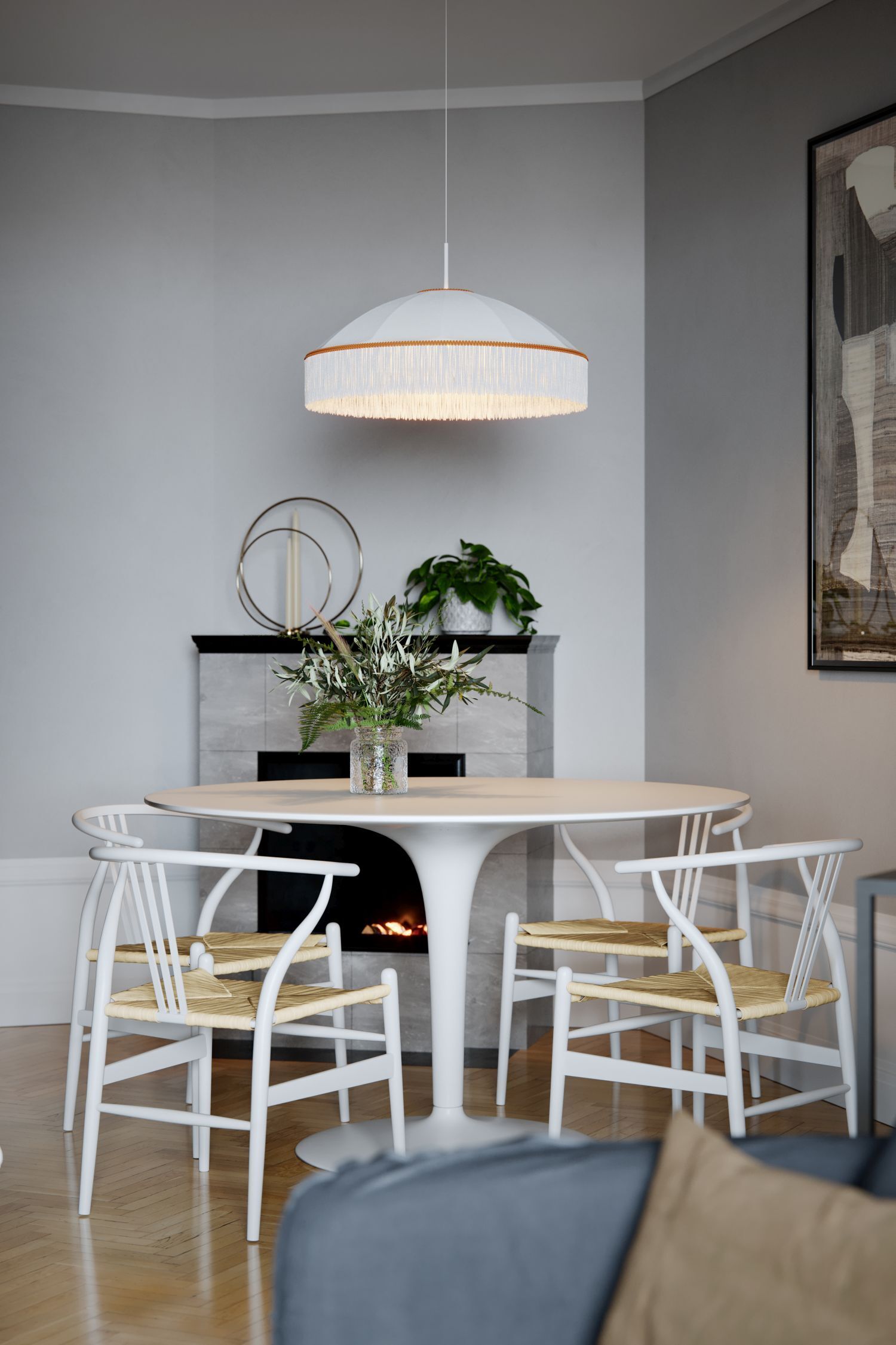 Suspension Blanc Or Ø 60 cm Abat-jour tissu franges E27 Speisesaal, Esstisch, Drinnen, Tabelle, Innenarchitektur