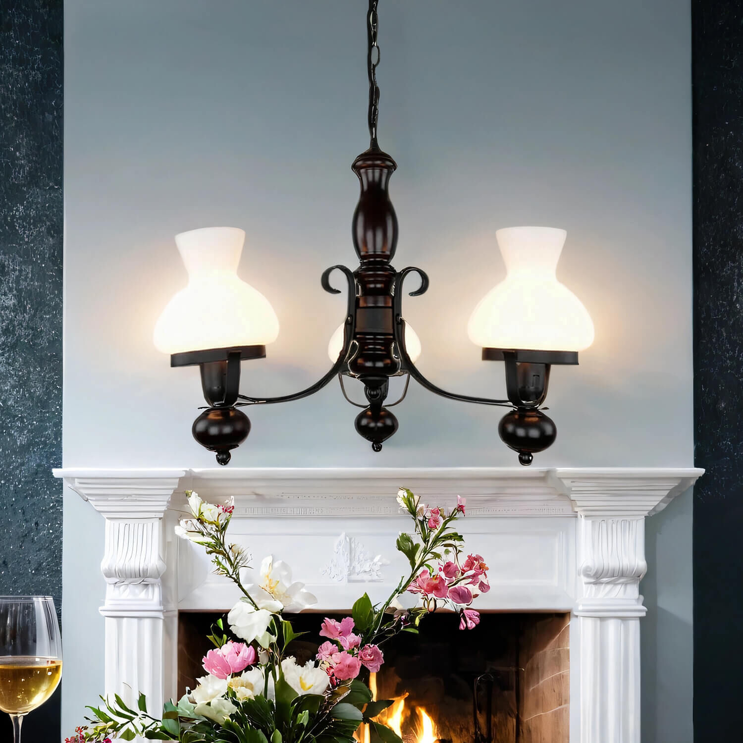 Echt-Holz Kronleuchter Metall Glas 3-flmg Landhaus Leuchter, Lampe, Kamin, Drinnen