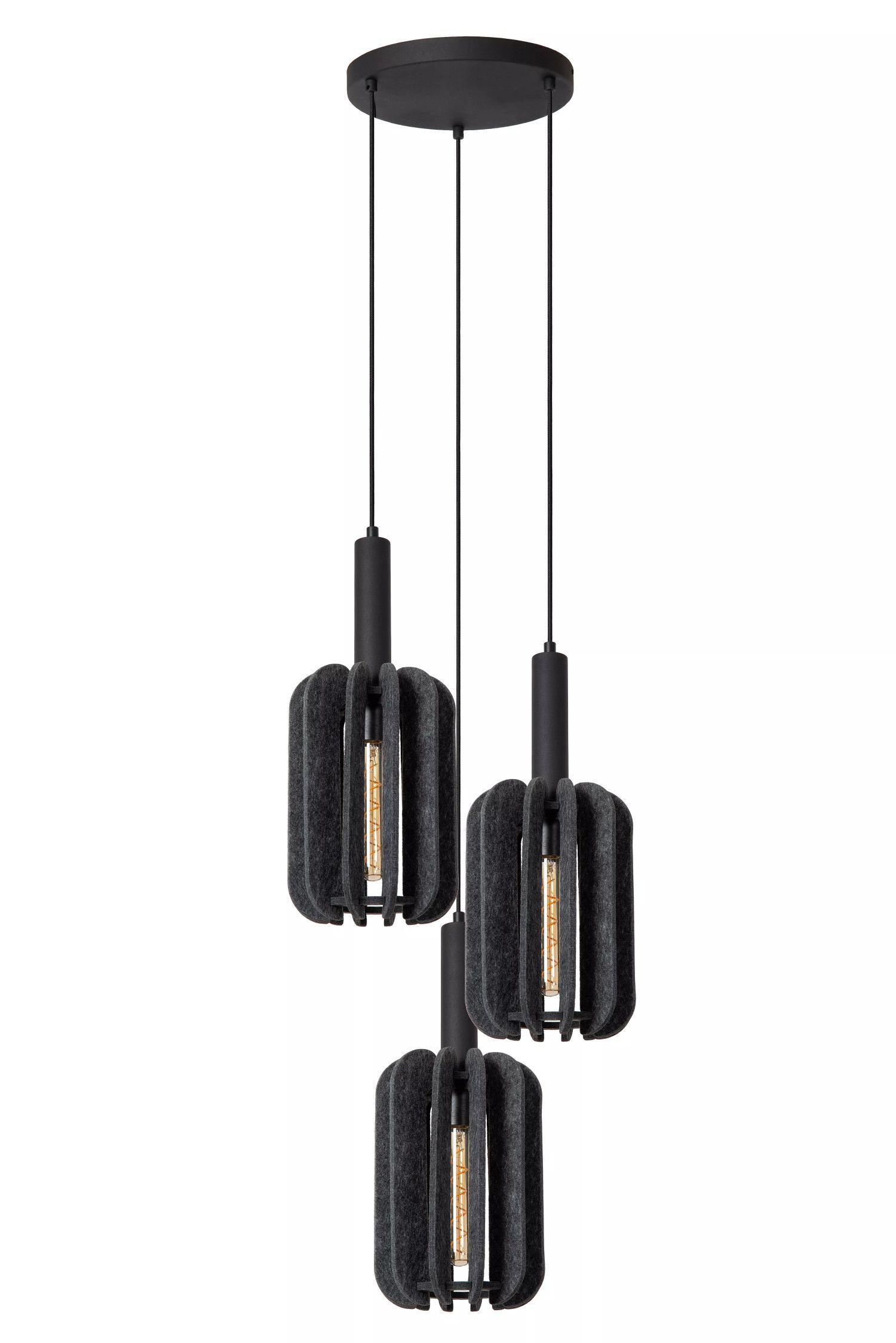 Hängelampe Filz Metall Grau Schwarz E27 B:50 cm 3-flmg Leuchter, Lampe