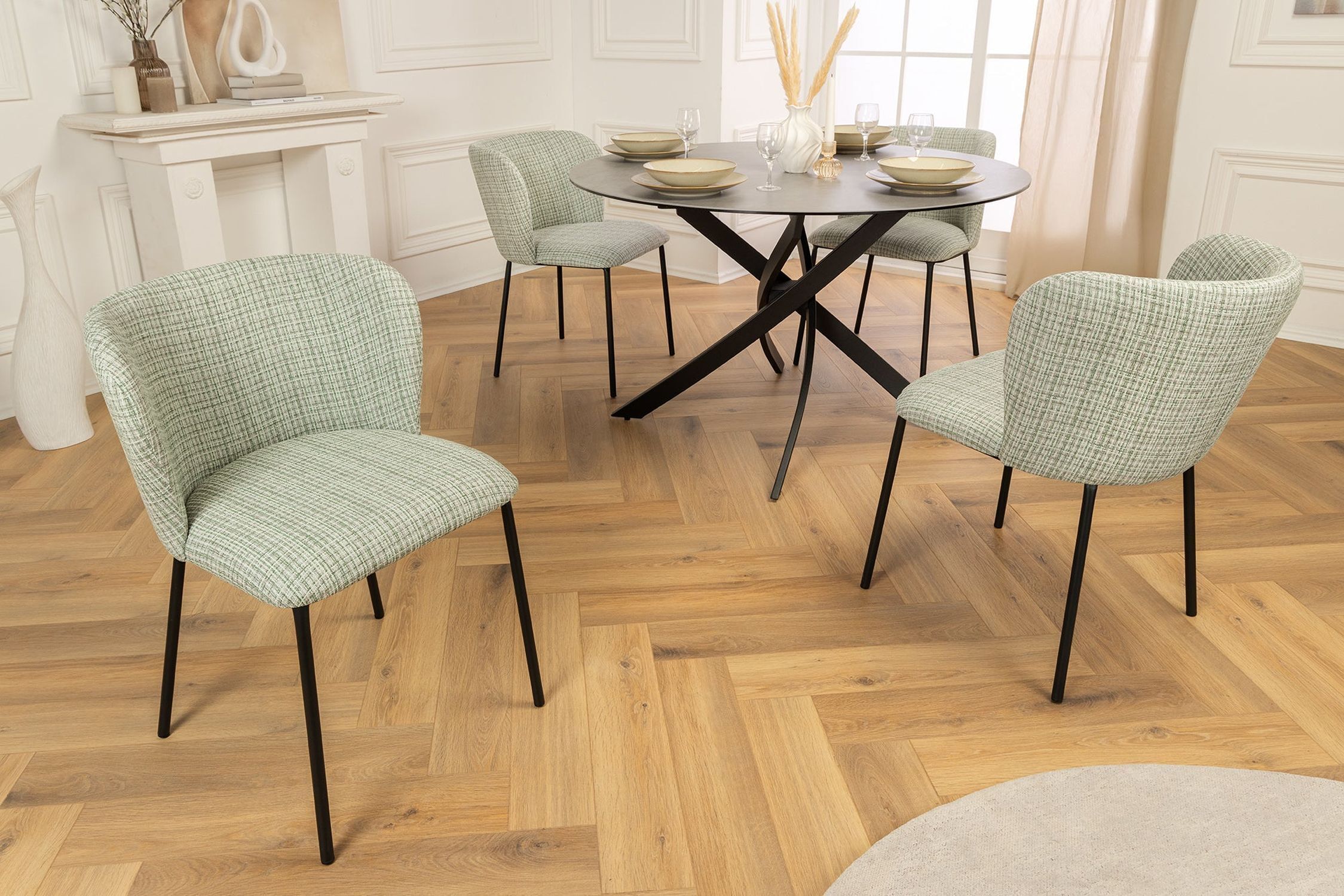 Chaise de salle à manger Bouclé en vert rose à carreaux sans accoudoirs Tabelle, Fußboden, Esstisch, Innenarchitektur, Tischplatte