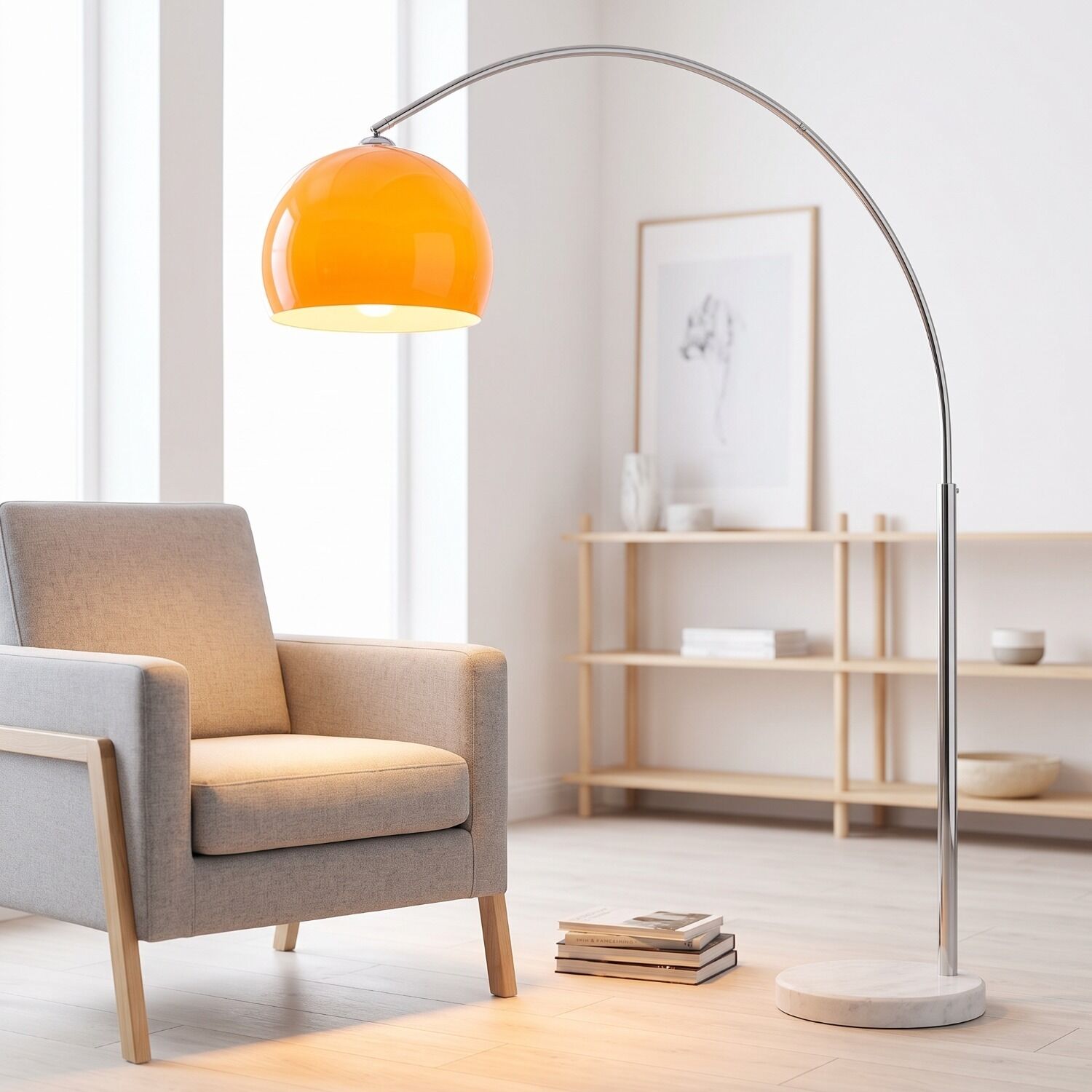 stehleuchte-stehlampe-curvatura-1-flammig-chrom-orange-weiss-retro-49-8.jpg Arc-Lampe, oranger Lampschirm, Arc-Lampe, moderne Beleuchtung, Wohnkultur
