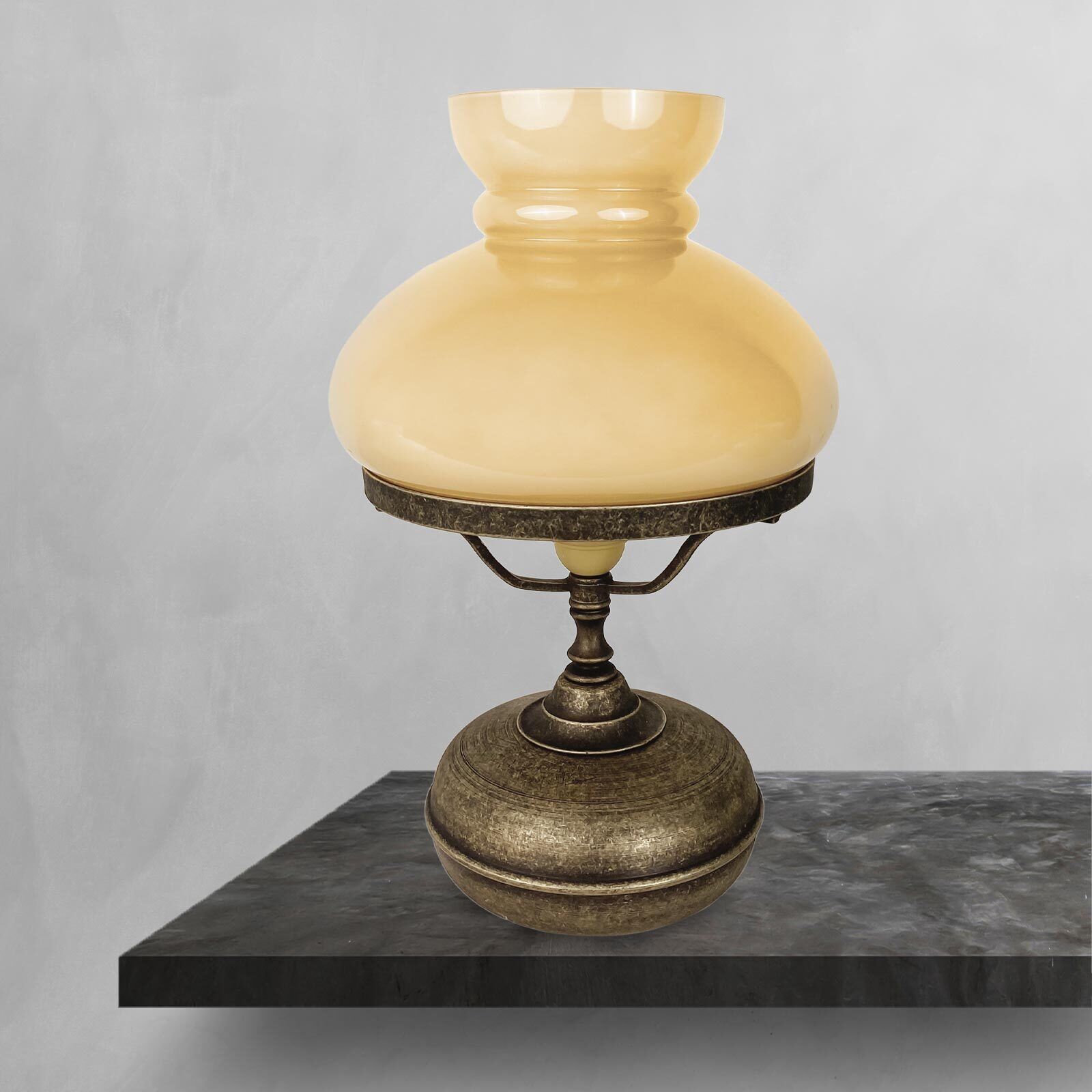 Lampe de table verre laiton H : 36,5 cm E27 en bronze crème antique
