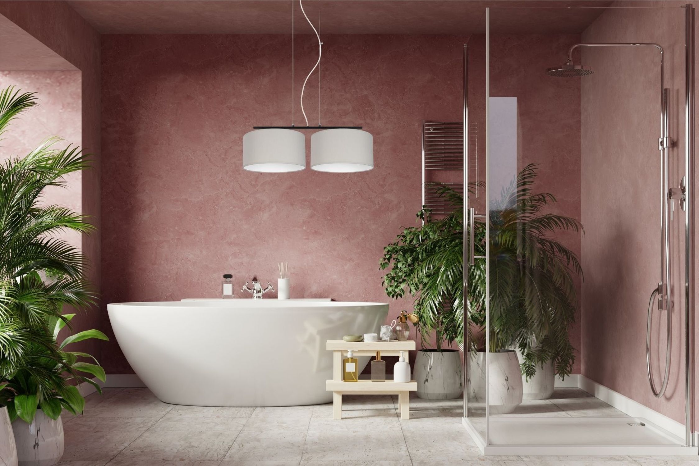 Badewanne, Freistehende Badewanne, Rosa Wand, Glasdusche, Pflanzen dekor