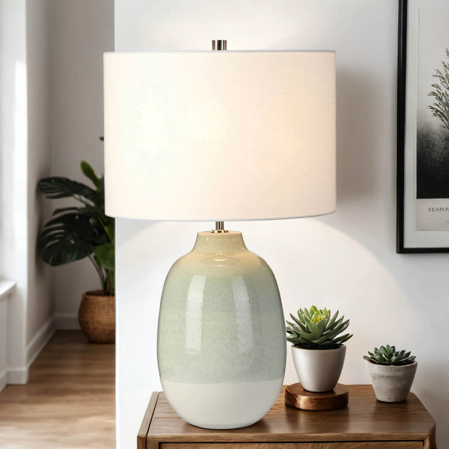 Keramik Tischlampe Creme Grün Klassisch 61cm LYSE Lampe, Pflanze, Tischlampe