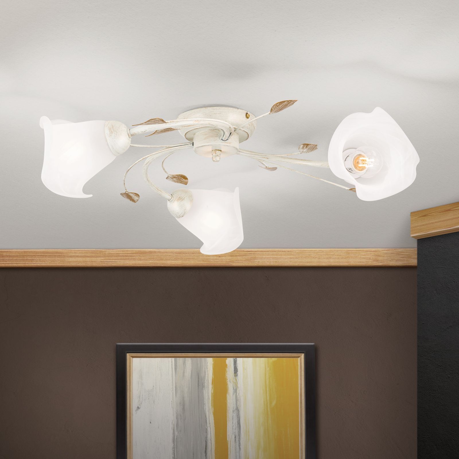 deckenleuchte, Deckenlampe, weißesglas, geblasenesglas, rustikale-Deckenleuchte