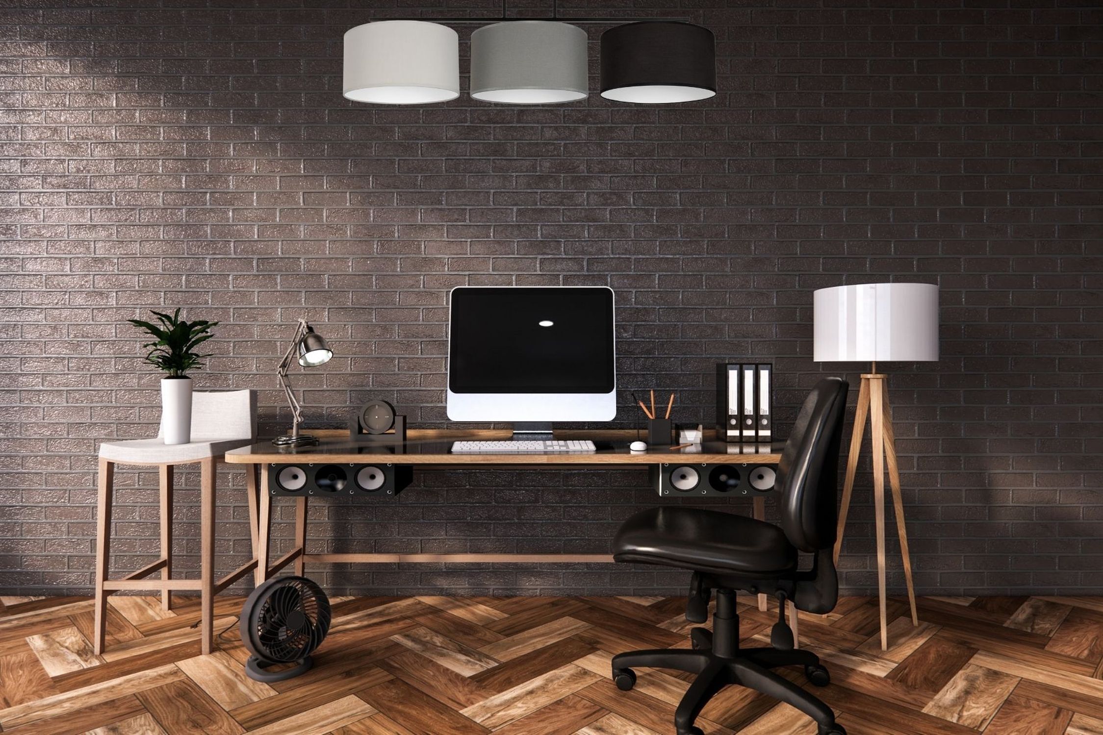 Büro, Schreibtisch, Computer, schwarzer Stuhl, Ziegelwand