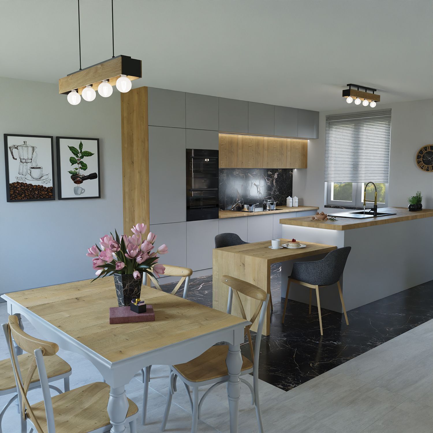 Pendelleuchte Holz Metall 4-flmg 76 cm in Schwarz Natur Speisesaal, Esstisch, Tisch, Innenarchitektur, Küche