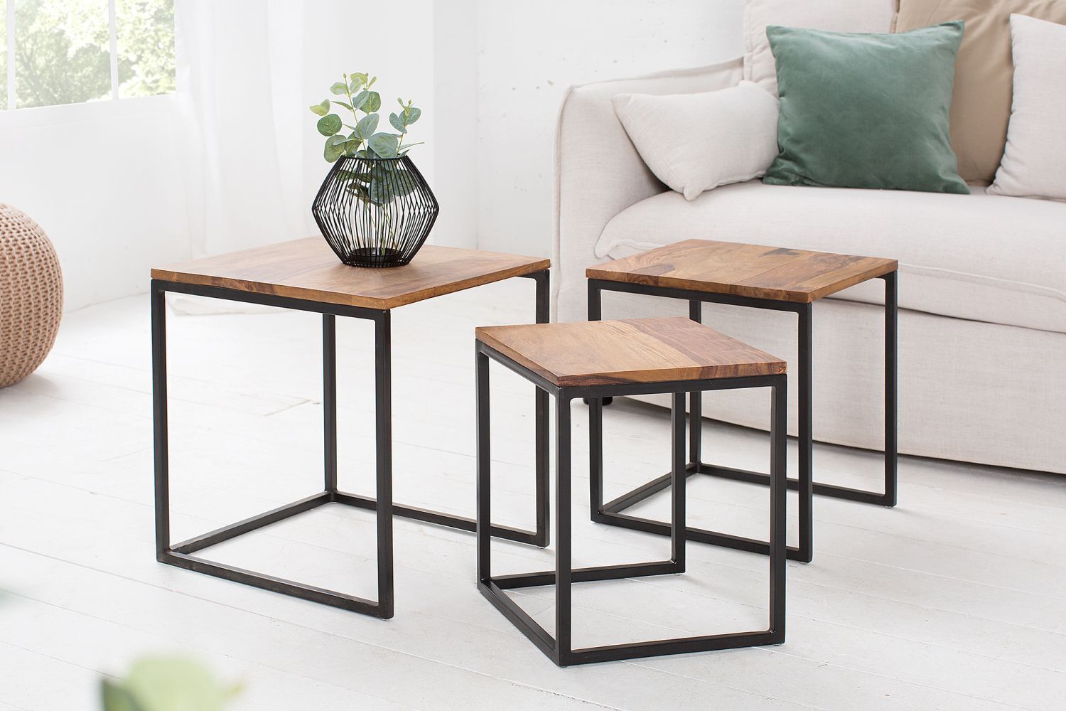 Beistelltisch Sheesham Holz Metall 3er Set in Natur Schwarz Kaffeetisch, Mobiliar, Tabelle, Pflanze, Tischplatte