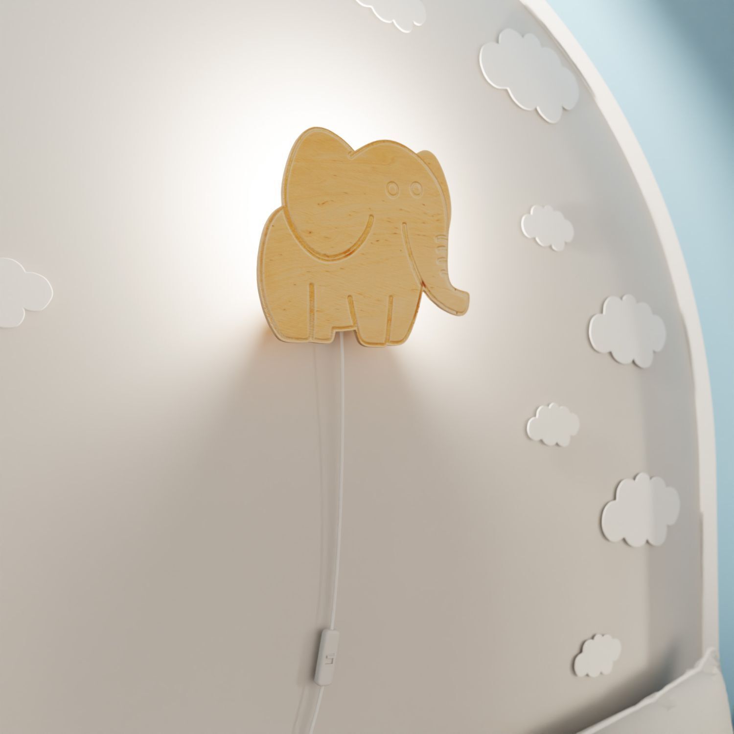 Wandlampe Kinderzimmer Holz mit Stecker Schalter Elefant E14