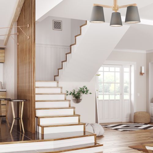 Deckenleuchte Grau Holz Stoff Metall Wohnzimmer