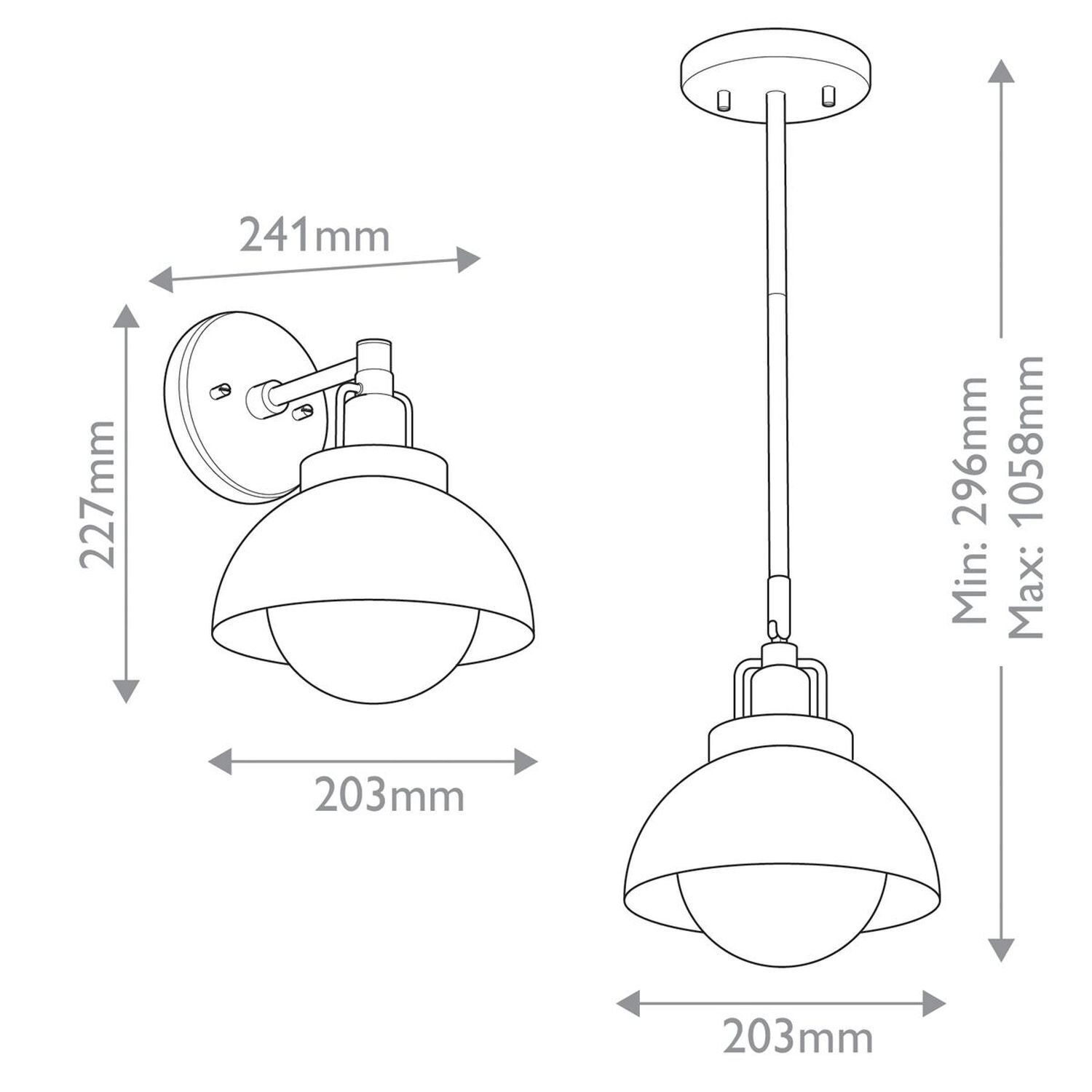 Wandlampe, Hängeleuchte, Glaskugel, Metallfinish, Durchmesser 203mm