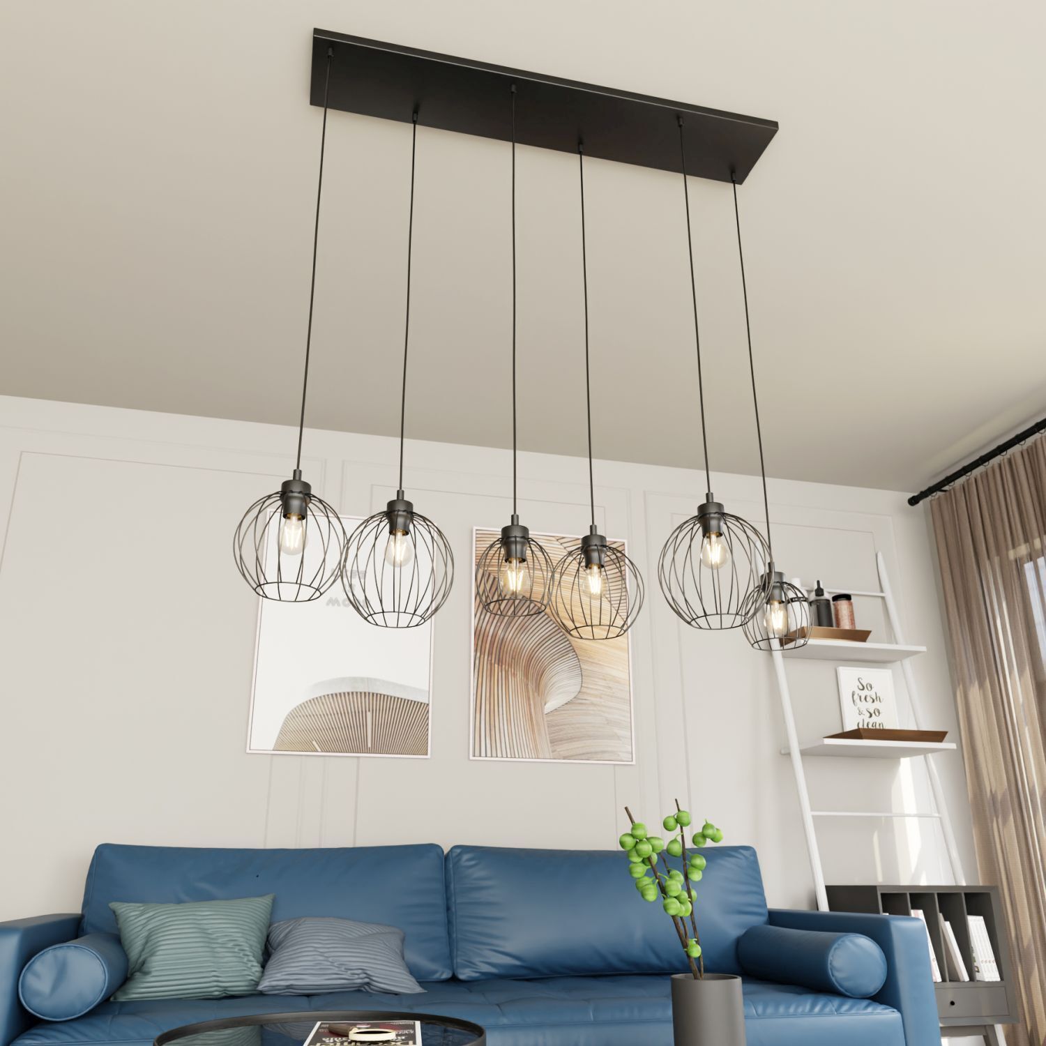 Schwarze Pendelleuchte E27 Metall 6-flammig L:125 cm pendant lights, hanging lamp, living room, sofa, interior decor