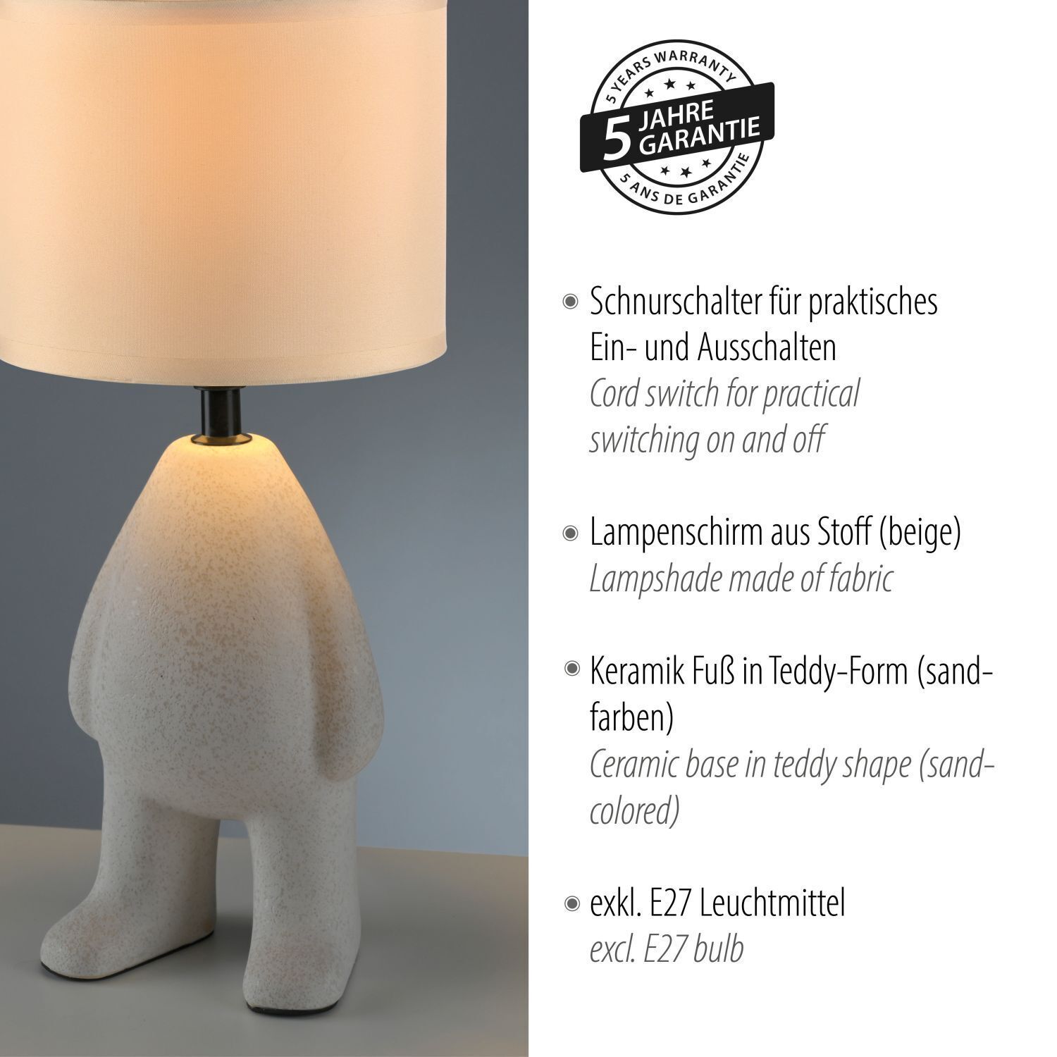 Lampe de chevet céramique tissu Teddy 38 cm E27 anti-éblouissement Lampe, Tischlampe