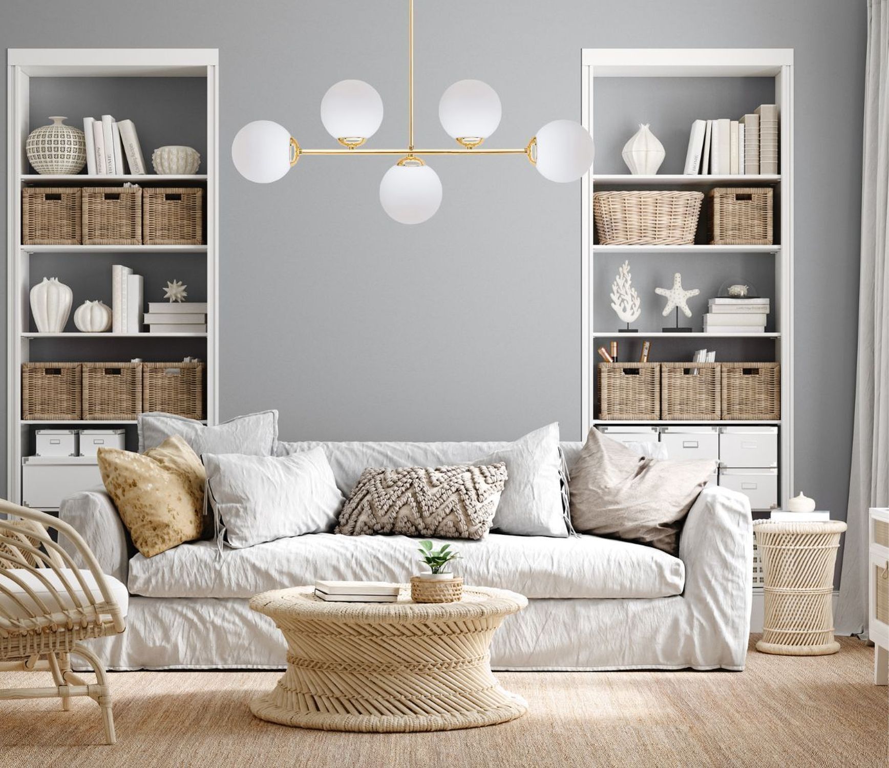 Goldene Deckenleuchte Glaskugeln blendarm 5-flmg Metall Dekoration für Zuhause, Kissen, Mobiliar, Wohnzimmer, Couch