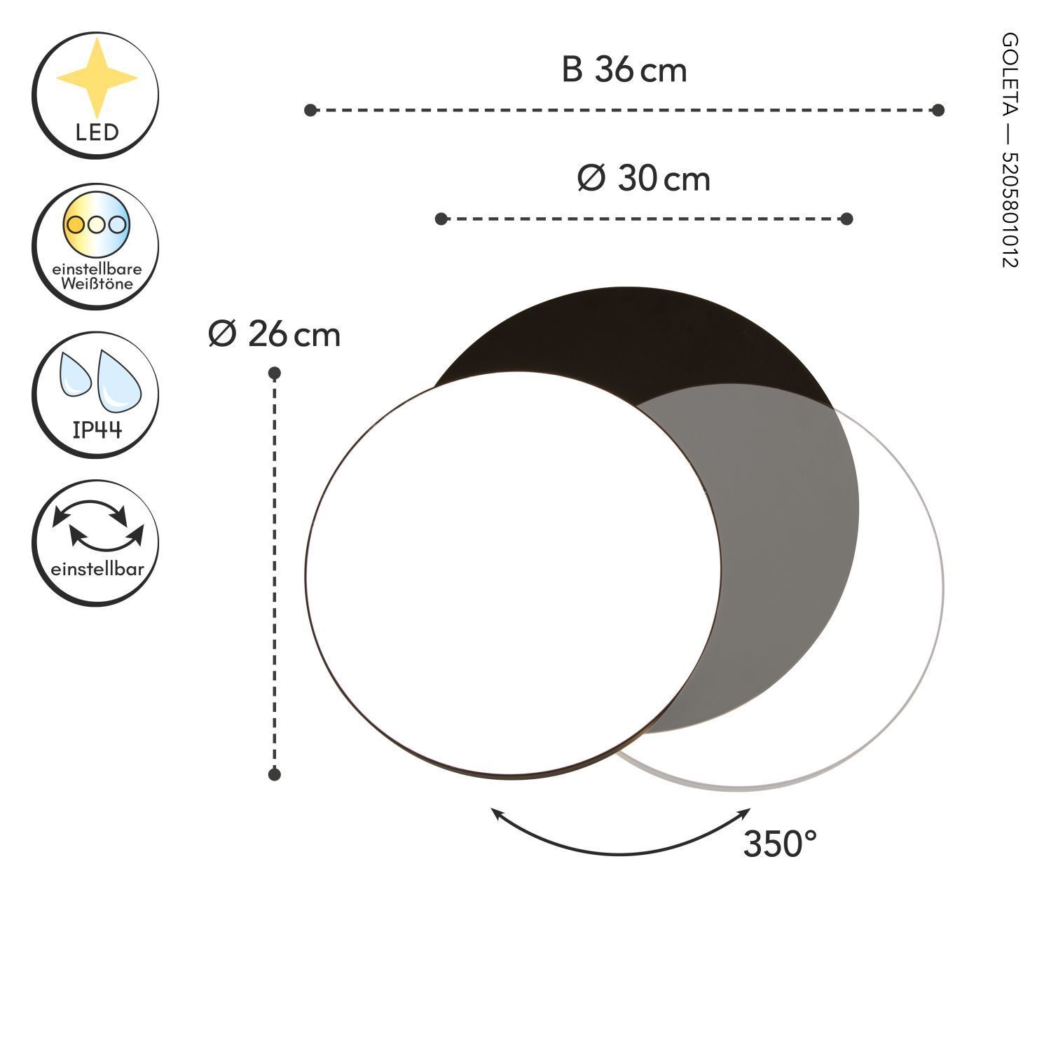 Applique murale extérieure LED Noir IP54 rond Ø30 cm 3000/4000 K Schaubild