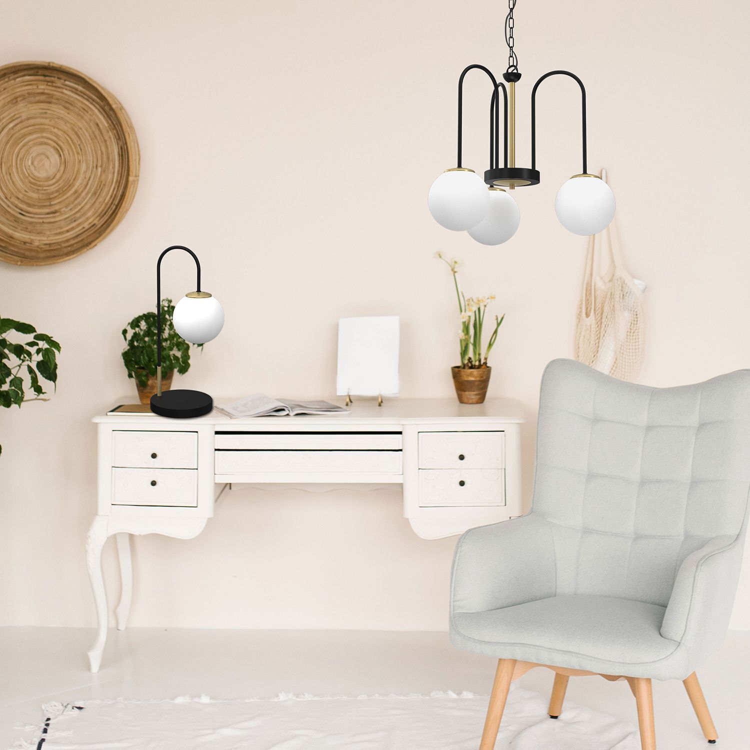 Suspension ronde en laiton noir blanc E14 Ø51 cm Moebel, Tabelle, Lampe