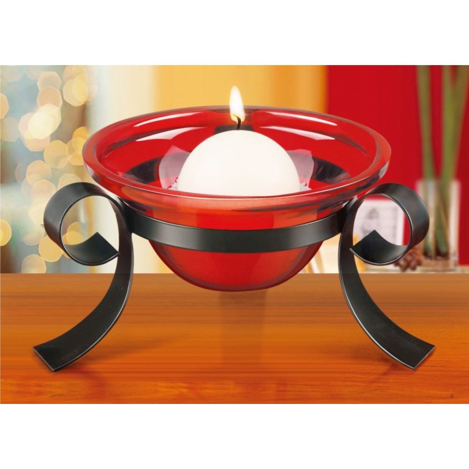 Bougeoir verre métal rouge noir avec bougie boule Ø 21 cm