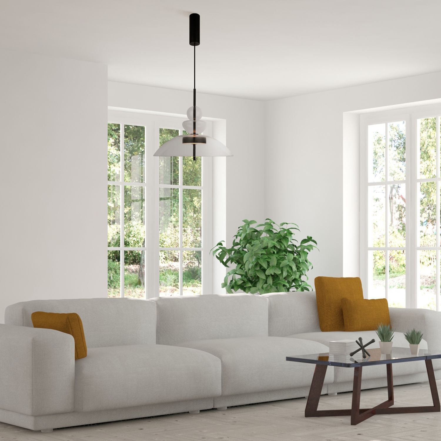 LED Hängelampe Metall Glas H: max. 358 cm Schwarz BRUNO Französisches Fenster, Fenster, Couch, Mobiliar, Pflanze